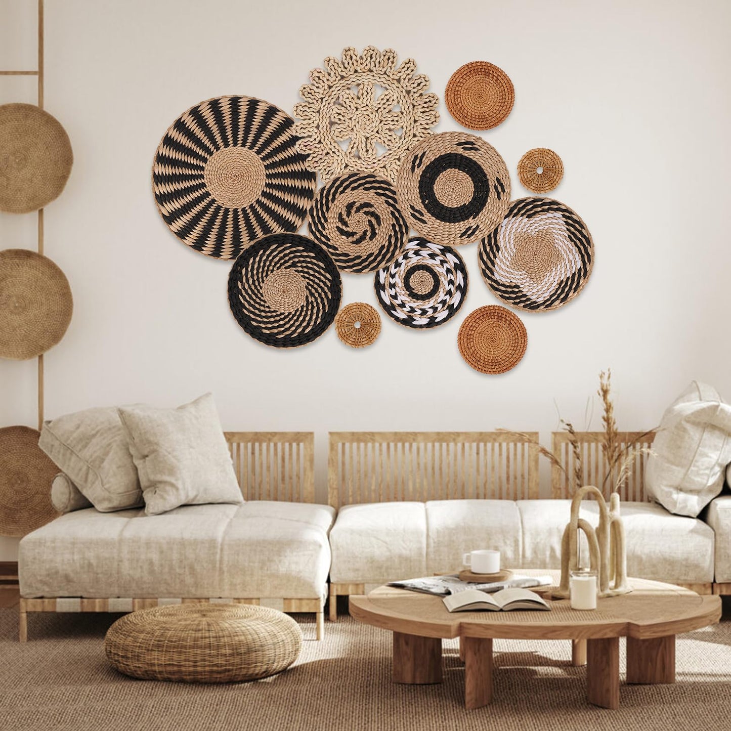 Boho Wall Basket Decor Set of 11 - Hanging Woven Bulrush Basket Wall Decor, Handcrafted Round Flat Baskets Wall Art, for Rustic Farmhouse、Home - Unique Rattan Wicker Wall Decor（Black Retro）