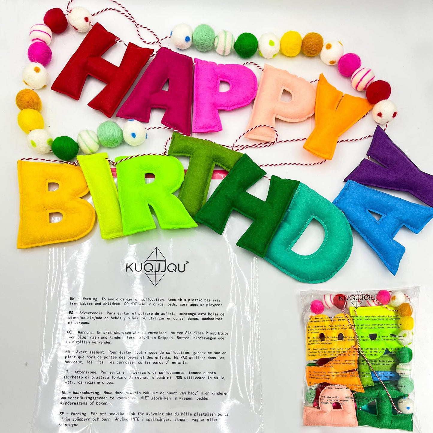 Pre-Strung Happy Birthday Banner - Felt Ball Garland - Reusable HAPPY BIRTHDAY Garland, Rainbow Party Decorations, Personalized Holiday Sign for Party Decor, Kids Room Decor, Photo Prop (Rainbow)