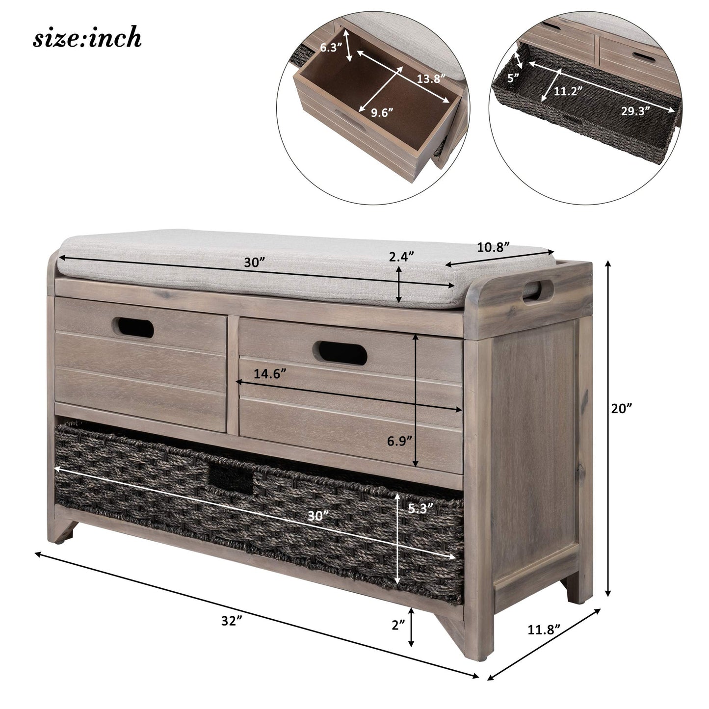 ROOMTEC 32″ Storage Bench with Removable Basket and 2 Drawers, Fully Assembled Shoe Benches with Removable Cushion for Living Room, Entryway, Bedroom, White Washed