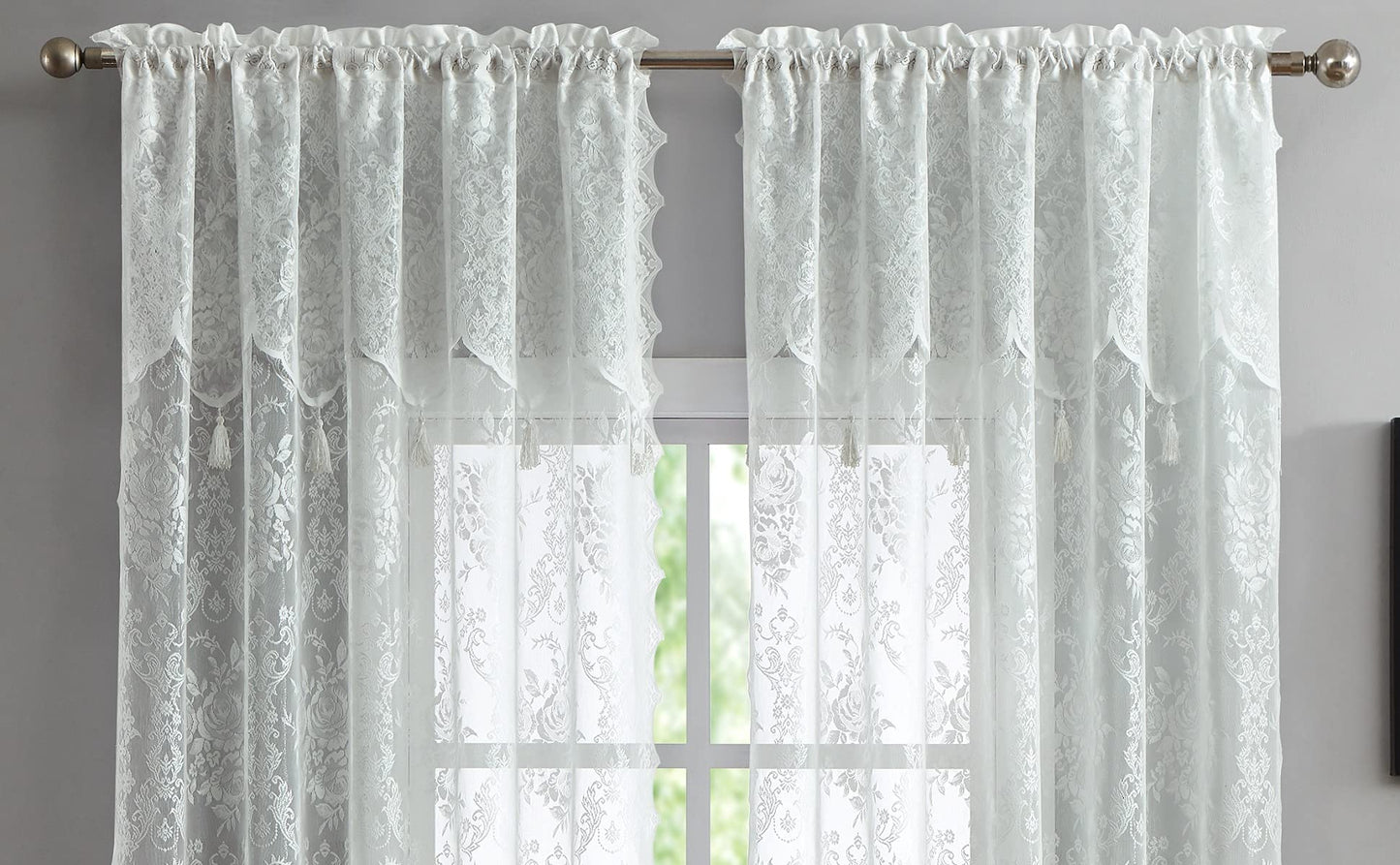 Warm Home Designs Pair of 2 Ivory Color Long Length 54” (W) x 96” (L) Semi Sheer Lace Curtain Panels & Attached Matching Valances with 6 Tassels. Classic Elegant English Rose Pattern. L Ivory 96”