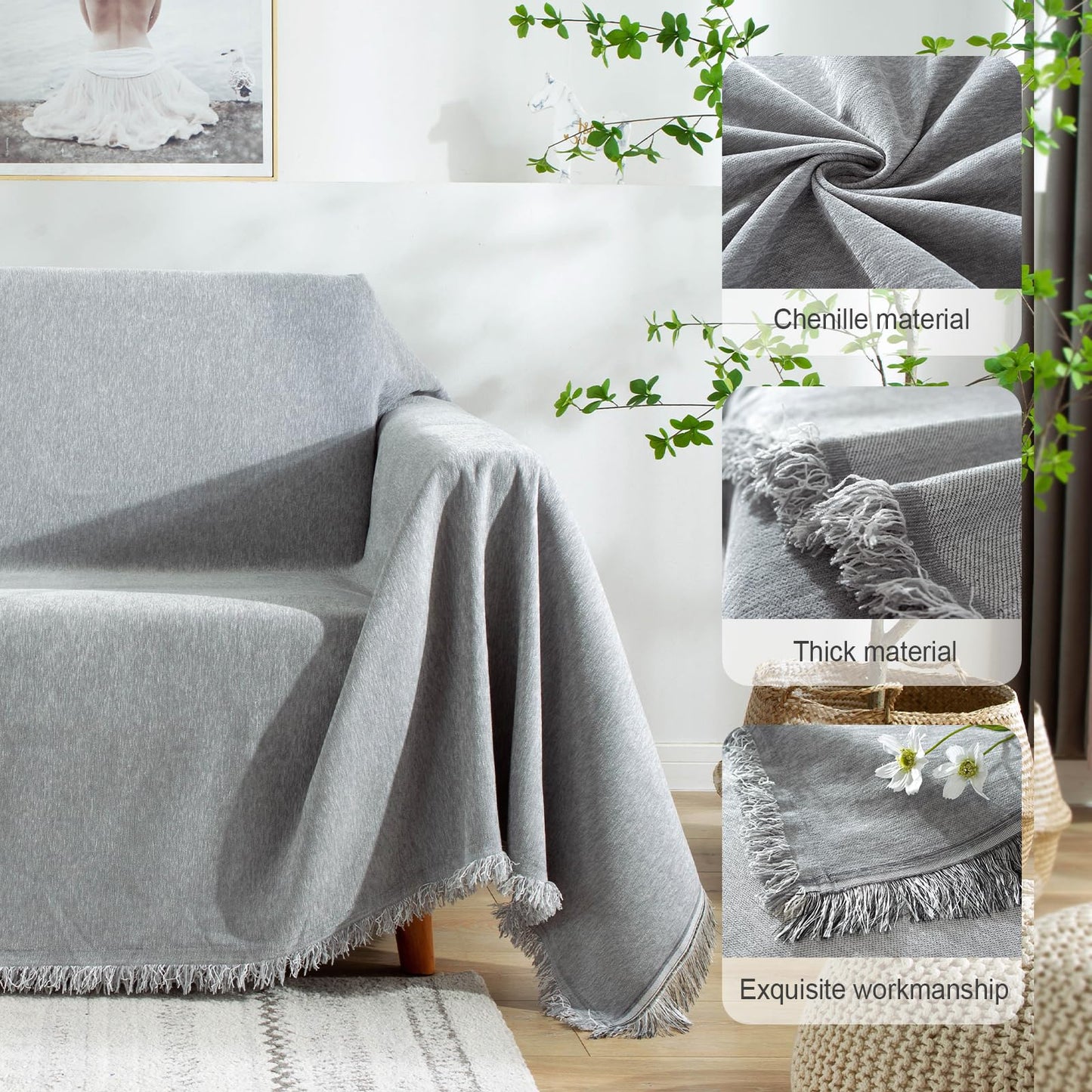 Foreate Sofa Cover Throw Couch Cover with Tassels Chenille Sectional Sofa Cover Blanket - Furniture Protector Couch Slip Cover Machine Washable for Pets Kids Dogs, 71’’ x 134’’, Light Grey-Tassel