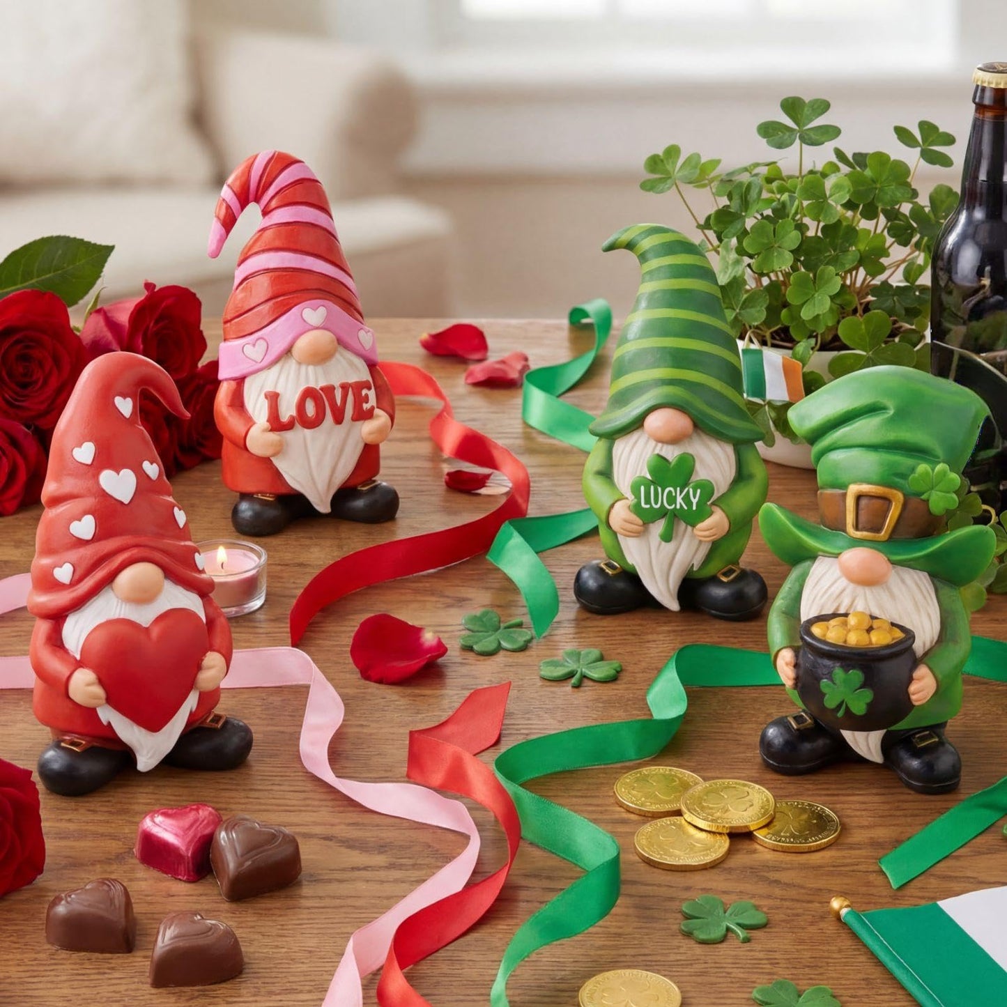 Simgoing 4 Pcs Holiday Gnomes Figurines 2 Valentines 2 St Patrick's Day Gnomes, Resin Love Heart Figurines Lucky Tabletop Decor Holiday Statues Centerpieces for Spring Home Table Tiered Tray