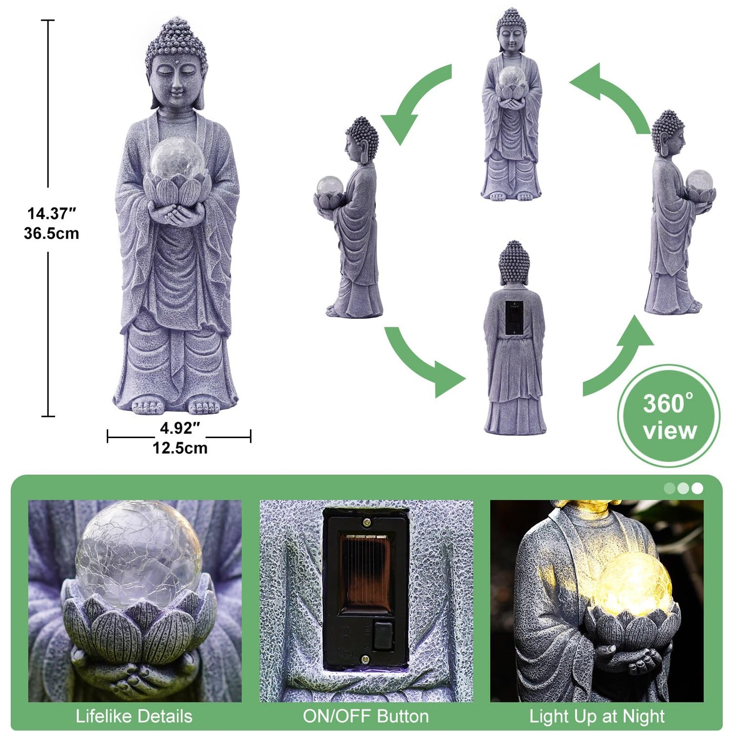 Tiejiajiang Solar Buddha Statue Outdoor – 14 Inch Tall Solar Outdoor Yard Zen Garden Decor - Ideal Gifts for Housewarming