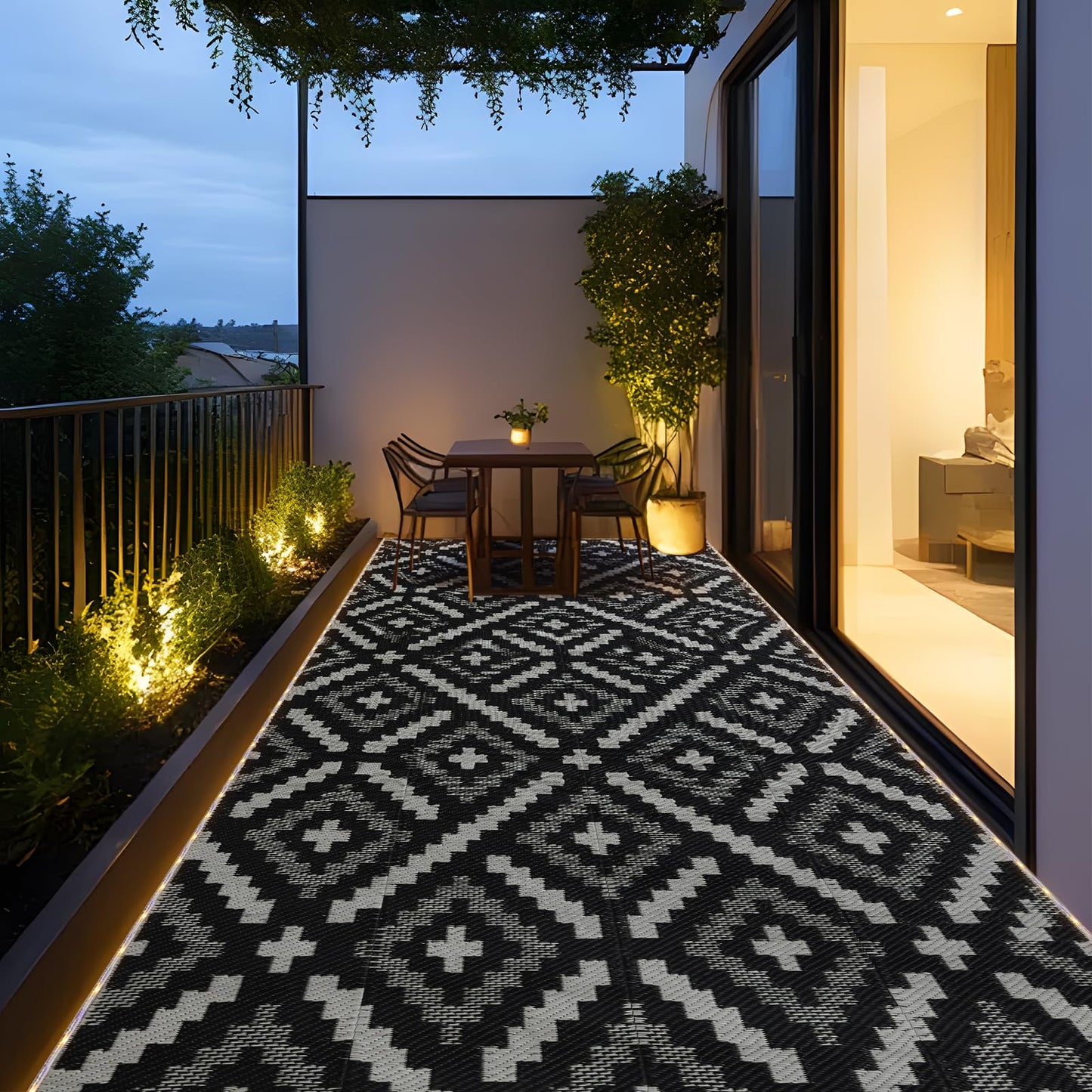 YONILE 8x10 ft Outdoor Rug Waterproof for Patio with LED Light,Large Outdoor Plastic Straw Rug,Reversible Plastic Area Rugs Mat Outside Carpet for RV, Deck, Porch, Picnic, Beach, Balcony