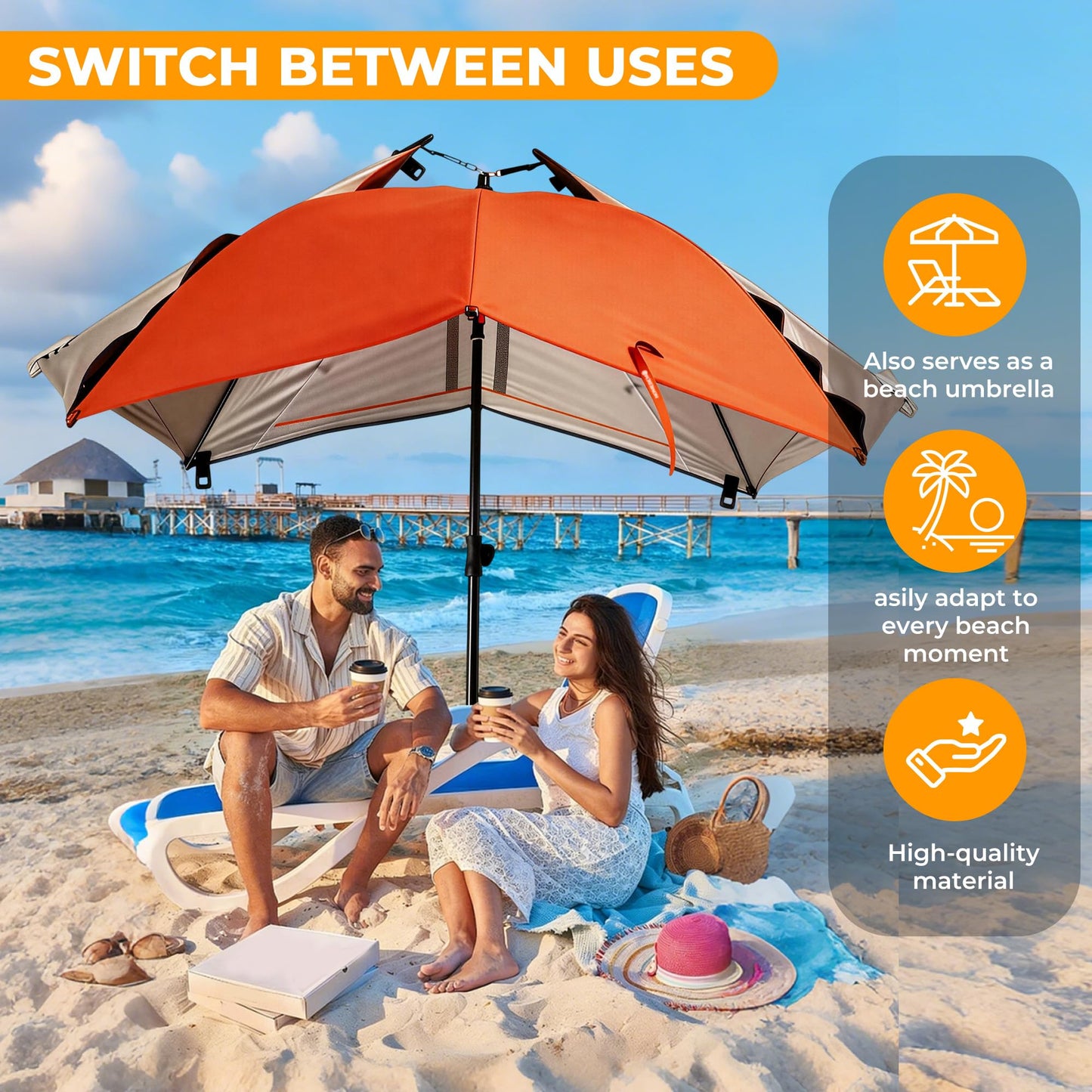 HOMEDEMO Beach Umbrella Tent (9.5ft, Red) with Fan Canopy, 3-in-1 Umbrella Shade Shelter for Beach, Picnic, Bleacher, Sports Games