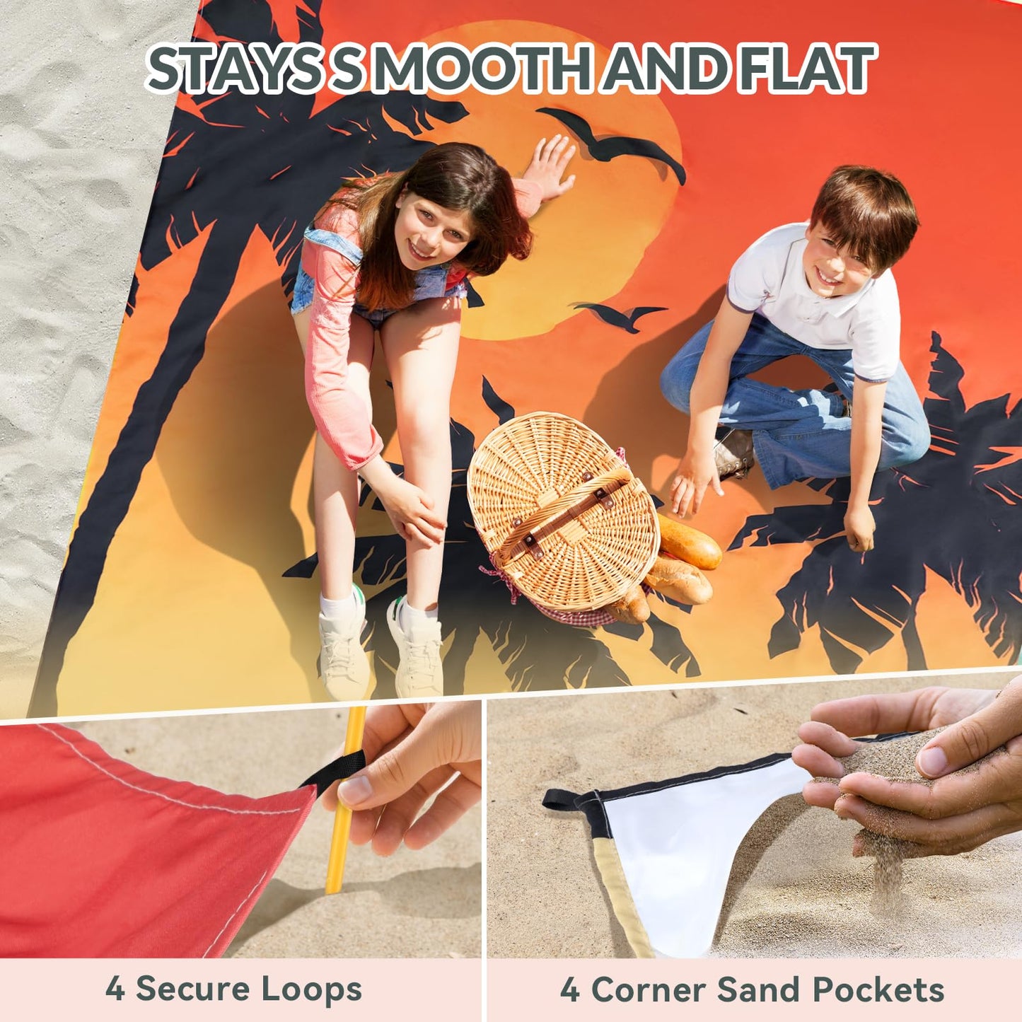 Beach Blanket, Waterproof Sandproof Beach Mat with Stakes and Inflatable Camping Pillow, 79" X 83" Quick Drying Lightweight & Durable Outdoor Picnic Mat with 4 Corner Pockets for Beach Camping