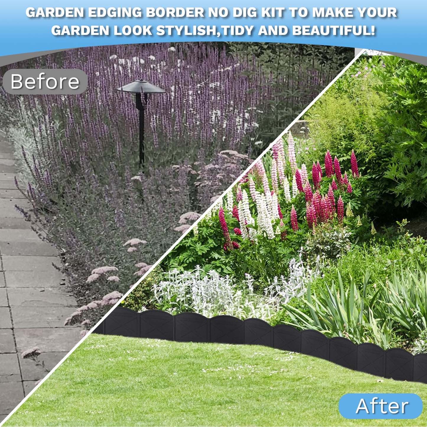 Vashly 6 inch Tall 40Ft Landscape Edging Black Garden Edging with 40Pcs Garden Stakes 7.8 Inch, 40Pcs Edging for Landscaping Plastic Garden Edging Border Flower Bed Edging Borders Lawn Edging