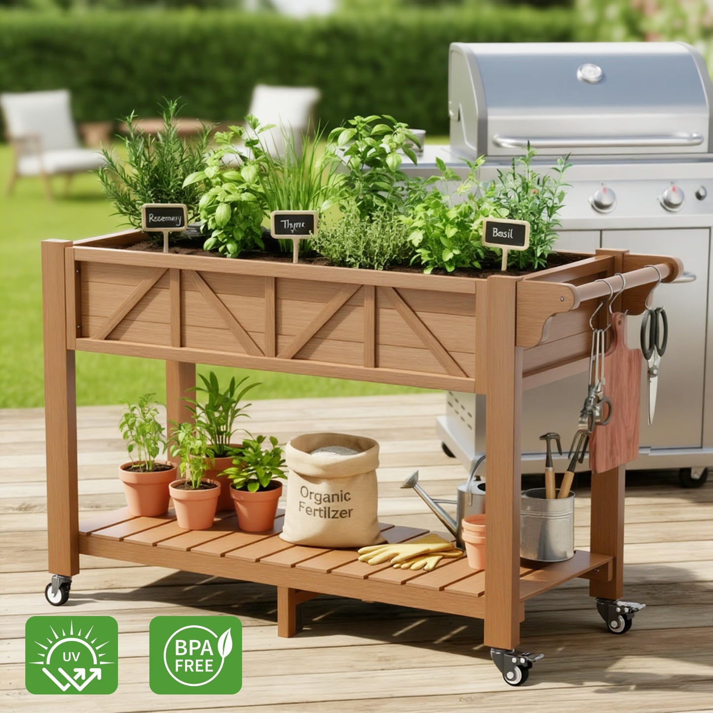 HIPS All-Weather Raised Garden Bed with Legs,47.2"L x 17.3"W x 29.7"H Large Elevated Planter Box with Wheels & Handle,Raised Bed Planters with 3 Hooks & Non-Woven Liner for Vegetables Flower Herb
