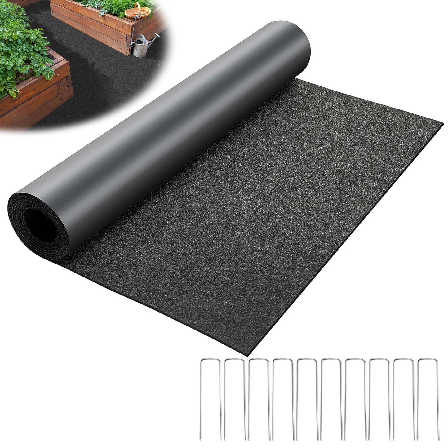 DECOHS 10 x 2 Ft Recycled Felt Mulch Mat Roll for Landscaping, Permanent Fabric Mulch Walkway Pathway Mat, Reusable Garden Pathway Mulch Barrier with 10 Stakes for Plants, Vegetable and Flower Outdoor