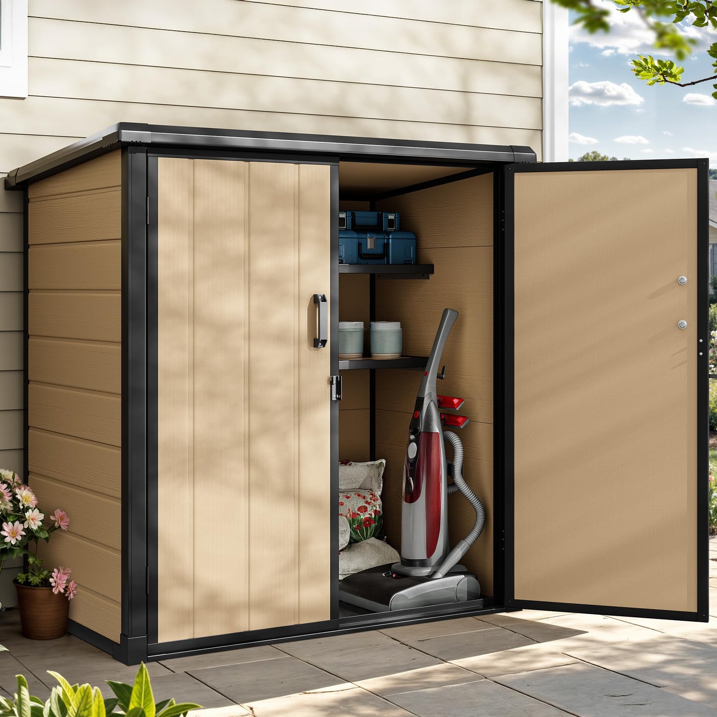 DWVO 54 cuft Outdoor Storage Shed with 2 Shelves, 4.2x2.6x5ft Vertical Tool Shed with Floor & Lockable Doors, Sturdy Double-Wall Plastic Cabinet for Garbage Cans and Garden Equipment (Brown)