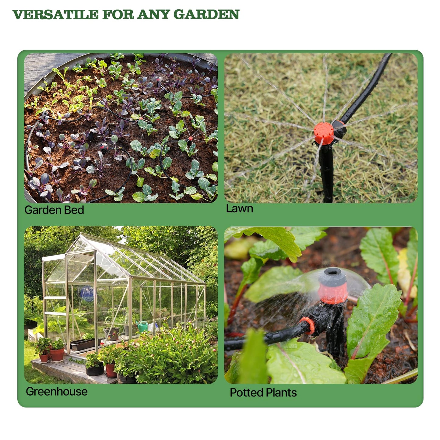 A ANLEOLIFE 230FT Drip Irrigation System Kit, Complete Garden Watering System with 1/2” & 1/4” Quick-Connect Tubing, 32 Adjustable Emitters for Raised Beds, Lawn, Greenhouse, Potted Plants