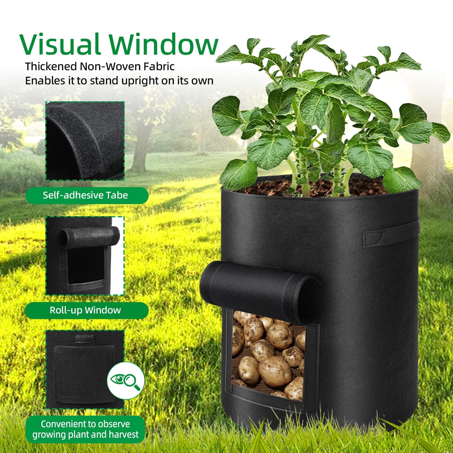6 Pack Potato Grow Bags, 10 Gallon Planting Bags Large Fabric Pots with Flap Window Vegetable Planter Garden Pot Tall Potato Growing Containers with Handles for Vegetables, Fruits, Black + Grey