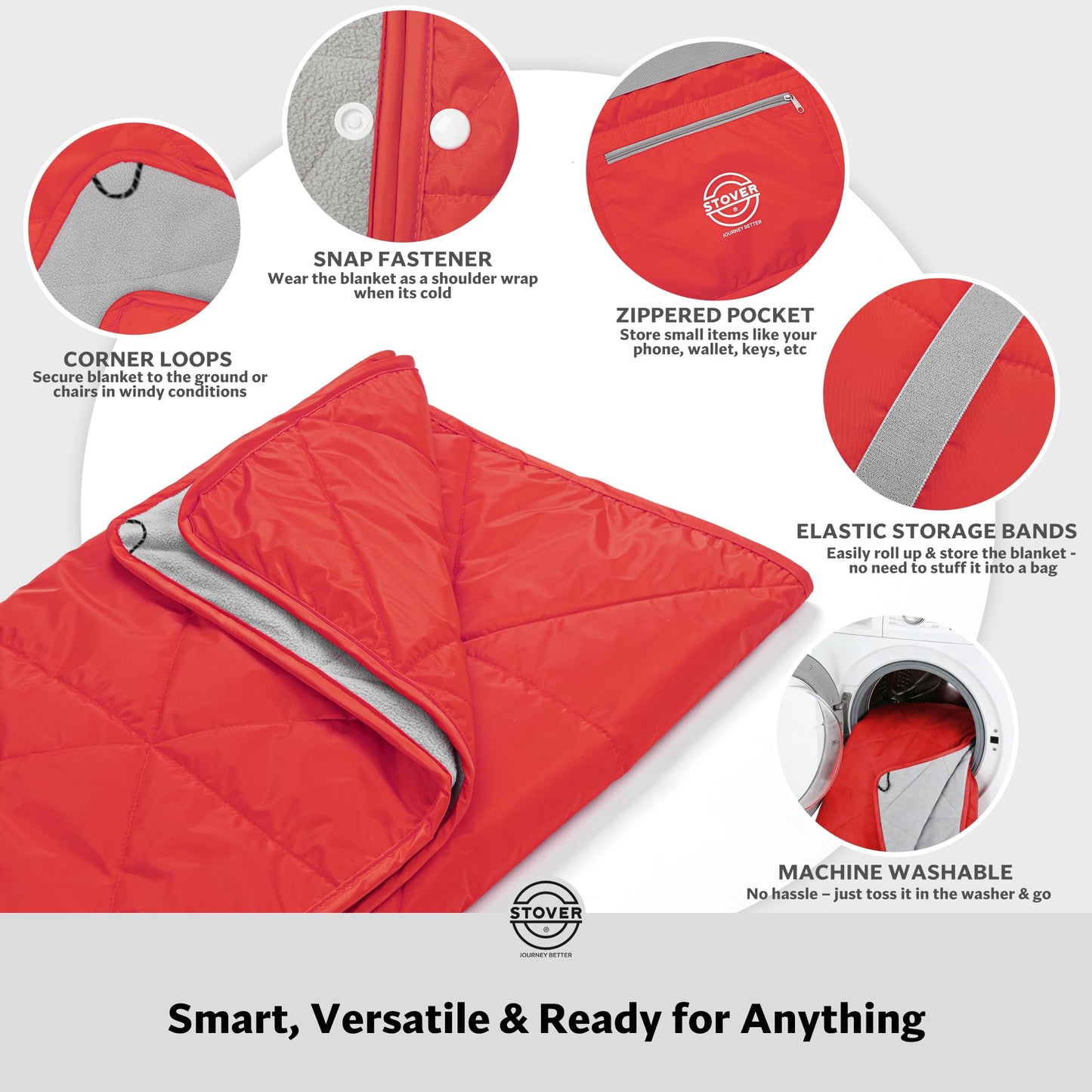 STOVER Large Waterproof Outdoor Stadium Blanket- Extra Thick Soft Fleece Camping Blanket for Travel, Picnics, Sports, Dogs 79"x55", Warm, Windproof, Sand-Proof, Lightweight, Packable (Stadium Scarlet)