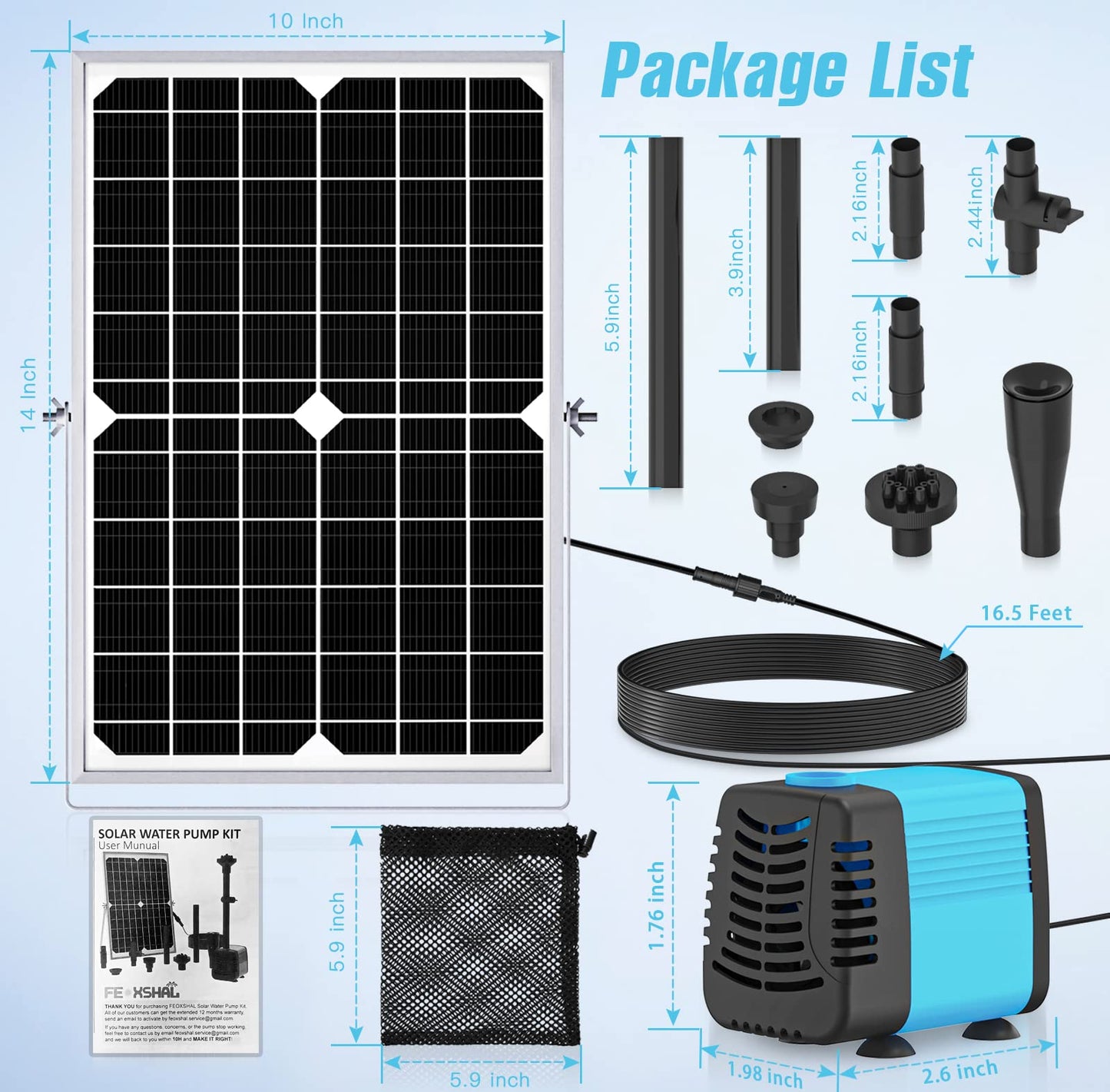 FEOXSHAL 15W Solar Fountain Pump, 190GPH Submersible Solar Powered Water Pump with Adjustable Flow & 4 Nozzles, Anti-Clog Barrier Bag for Bird Bath, Outdoor Pond, Garden Water Features, Pool
