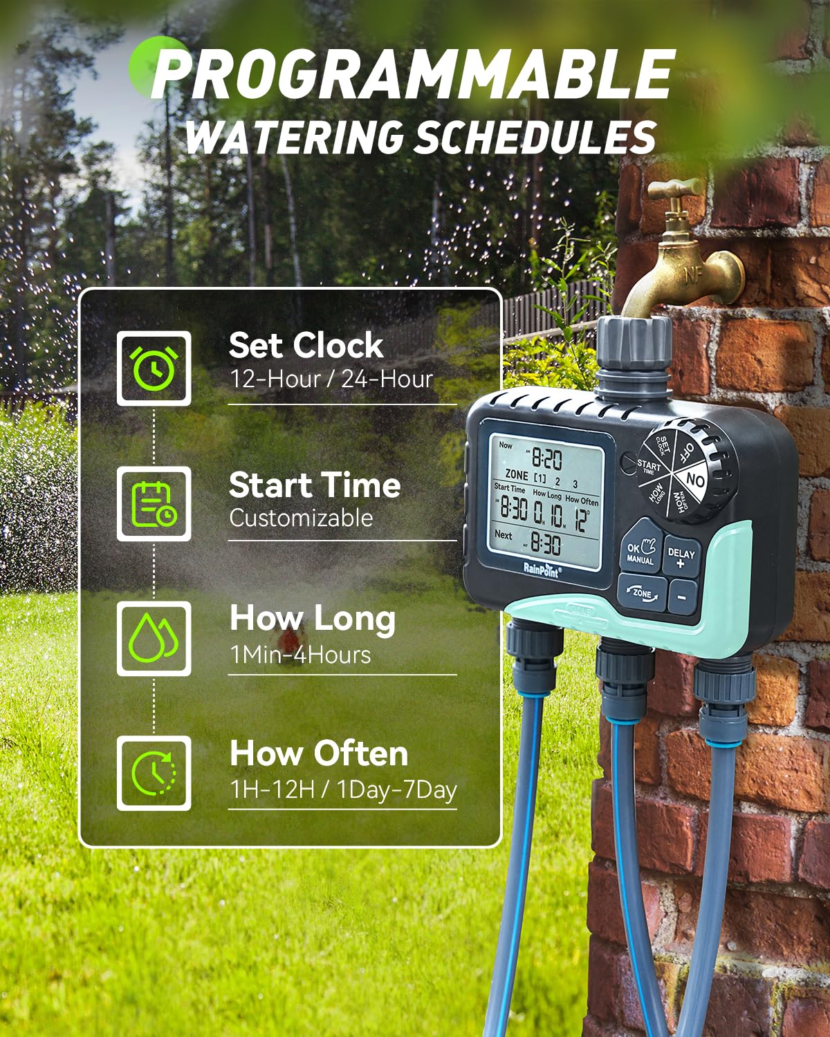 RAINPOINT Sprinkler Timer 3 Zone, Programmable Water Timer for Watering with Automatic/Manual/Rain Delay/Watering Mode, IP65 Waterproof, Large LCD