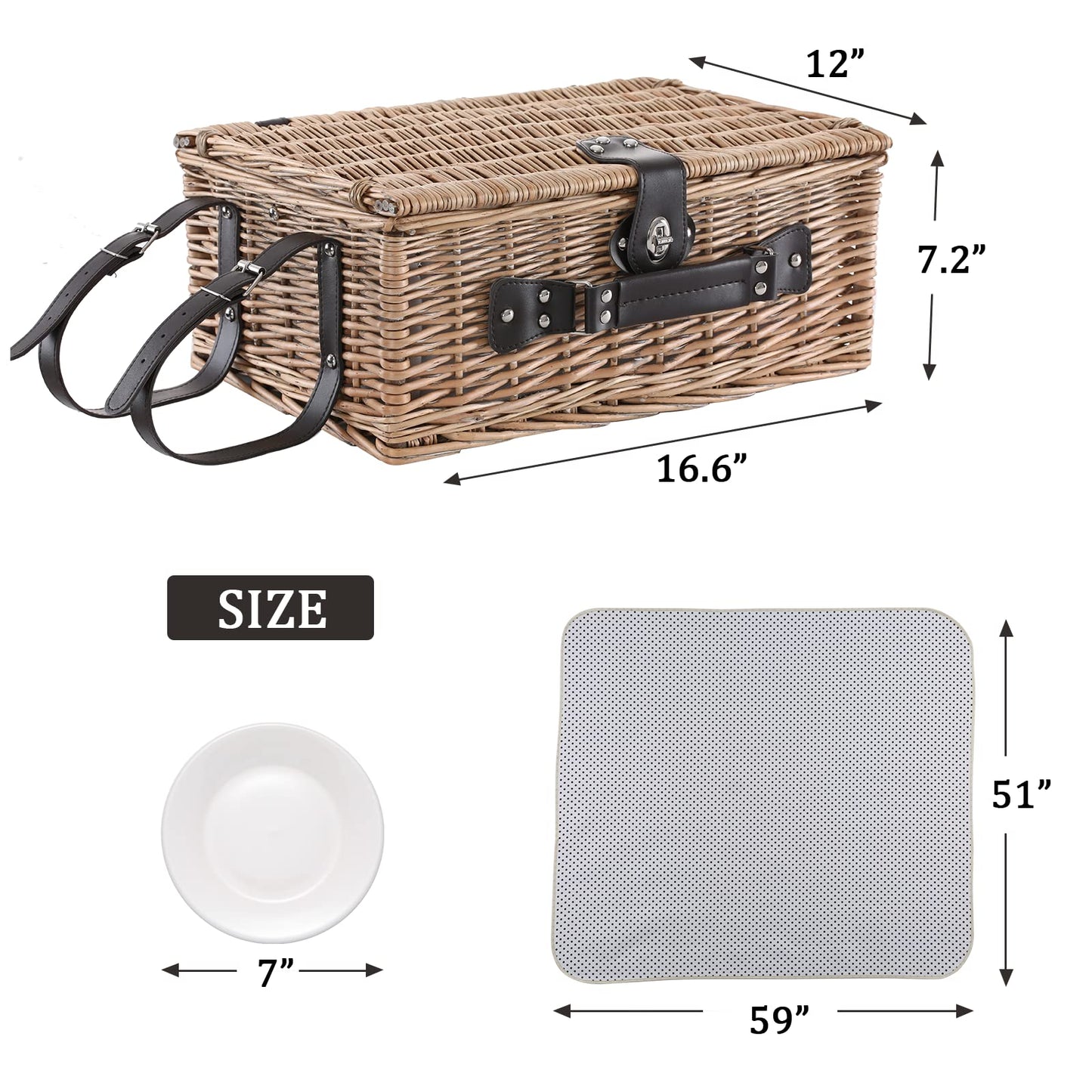 HYBDAMAI Picnic Basket for 4 Persons with Waterproof Picnic Blanket and Insulated Cooler, Large Wicker Picnic Basket for Camping, Outdoors, Valentine's Day, Christmas, Birthday, Wedding Gift