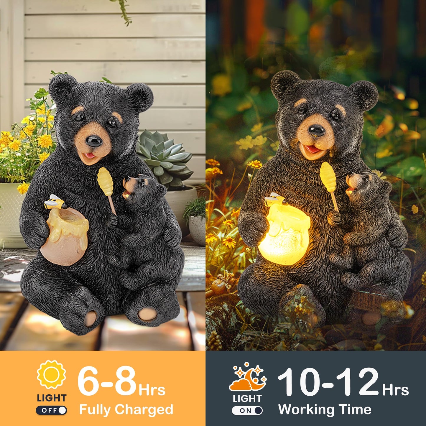 GIGALUMI Solar Garden Statues Bears 9", Loving Black Bear Decor, Yard Decorations Outdoor, Bear Figurine Lights for Outside, Garden Decor Unique Birthday Housewarming Gifts for Women, Mom