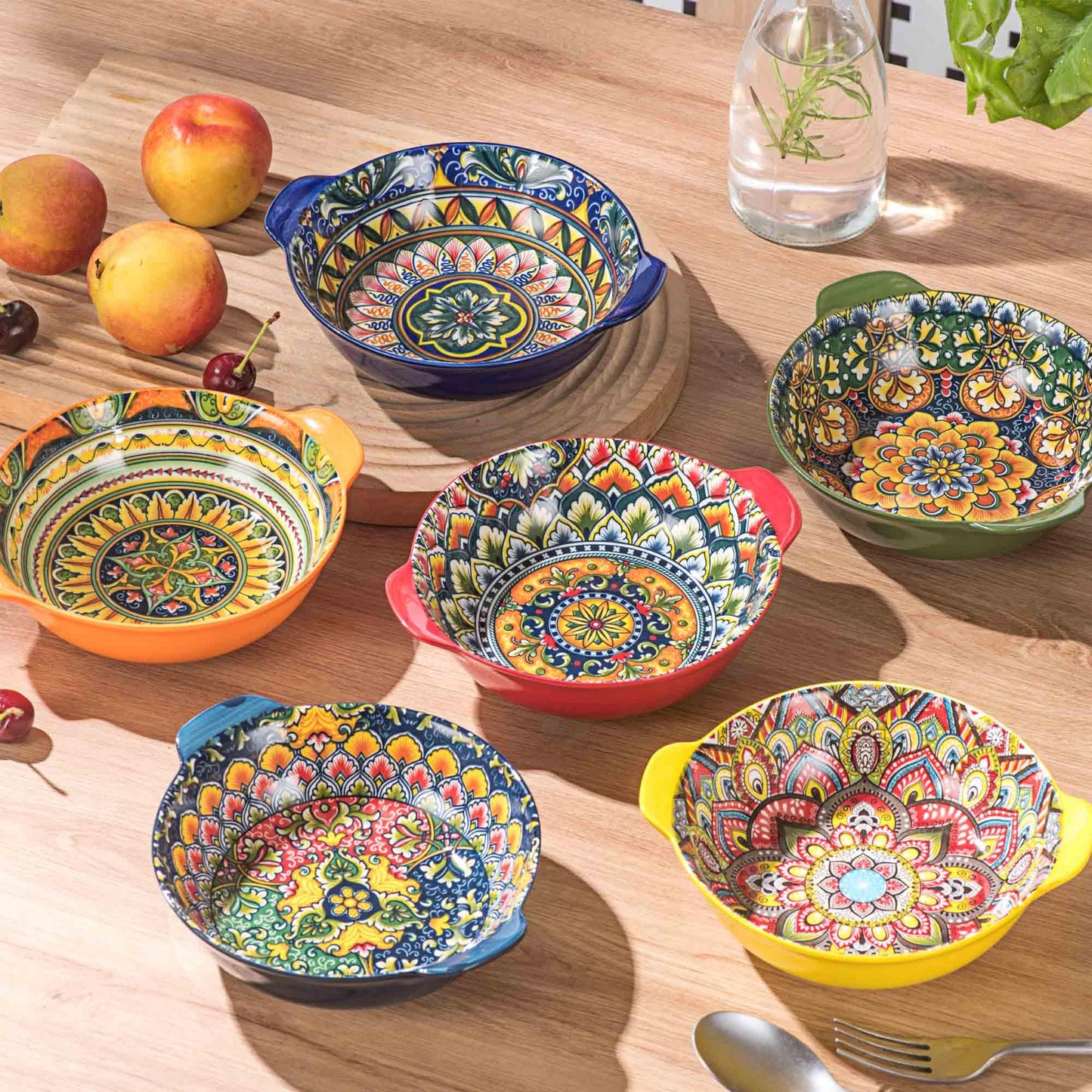 Henten Home Ceramic Soup Bowls Set, 14 oz Cereal Bowl Set of 6, Porcelain Small Dessert Bowls with Handle, for Serving, Snack, Salad, Bohemian, Microwave & Dishwasher Safe