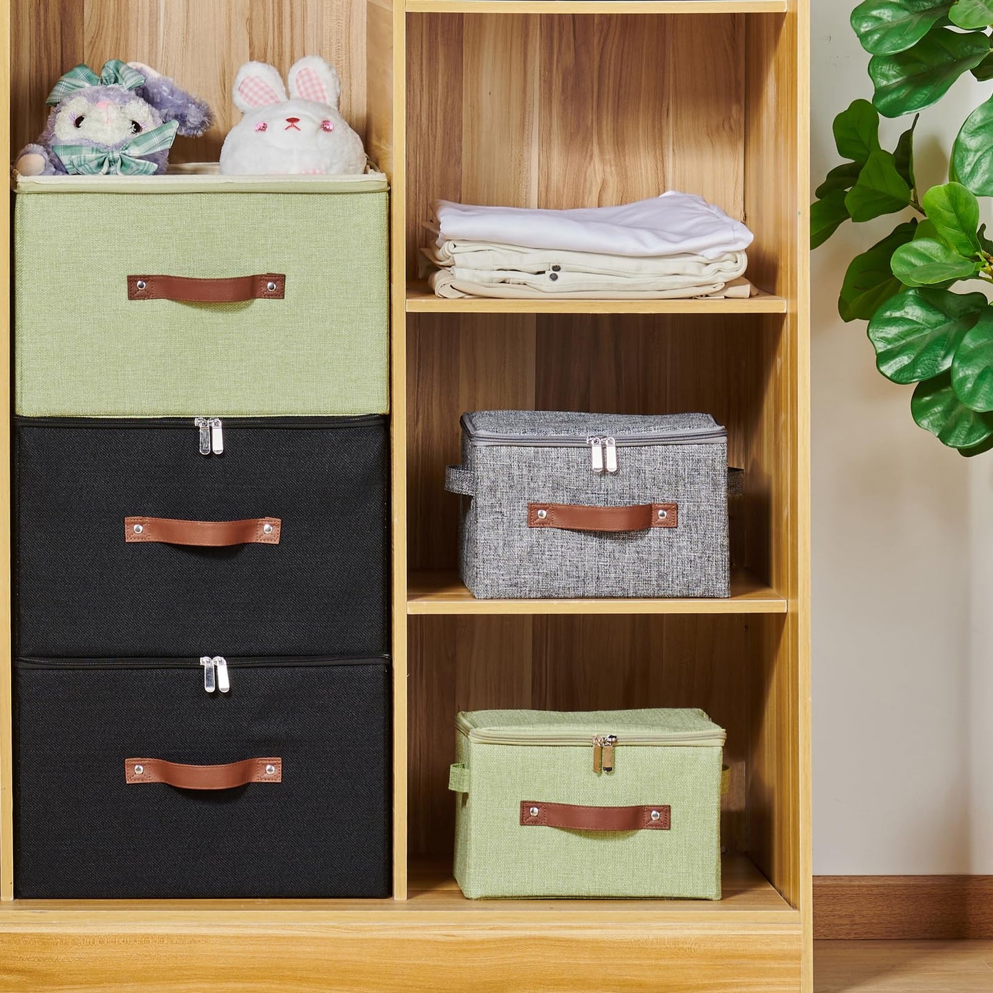 VinneGenzz Storage Bins with Zipper Lid Cotton Linen Fabric Lidded Storage Baskets Boxes Foldable Washable Closet Shelf Clothes Organizer Container with PU Leather Handles (Gray, Large Size)