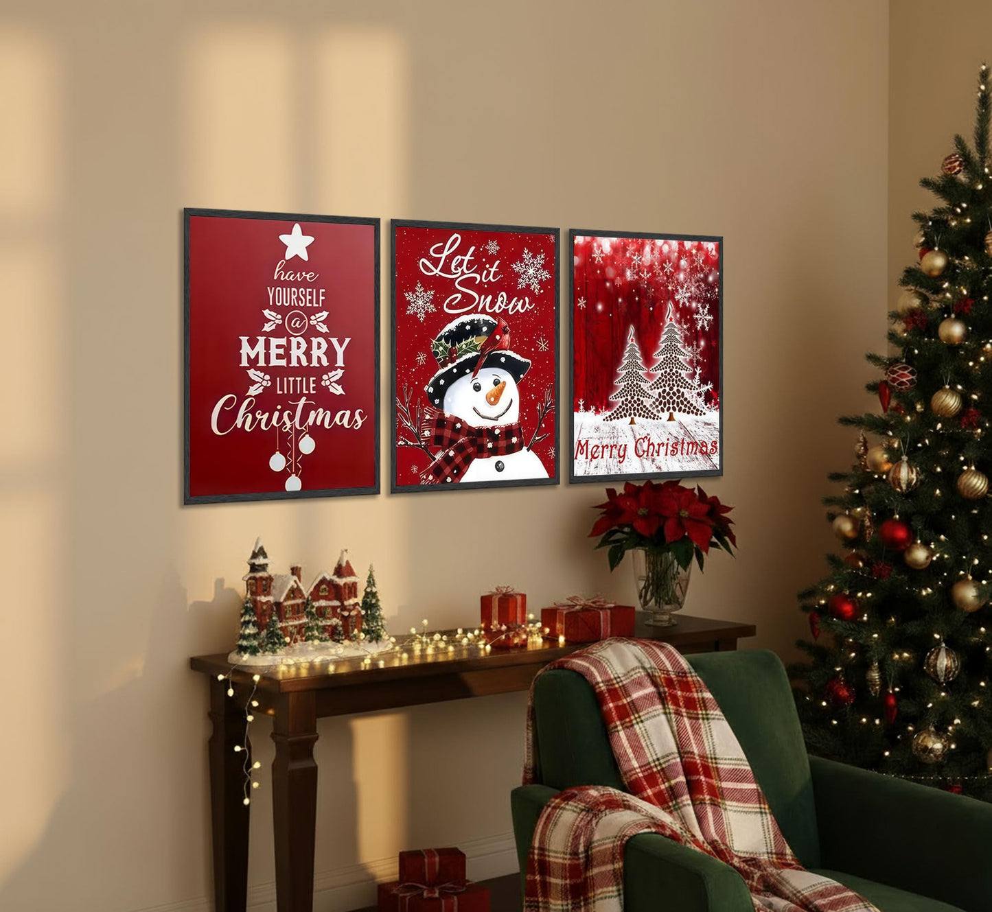 3pcs Red Christmas Canvas Wall Art Tree Snowman Posters Prints Paintings Winter Christmas Quotes Wall Decor Pictures for Living Room And Bedroom Furniture Decoration Unframed