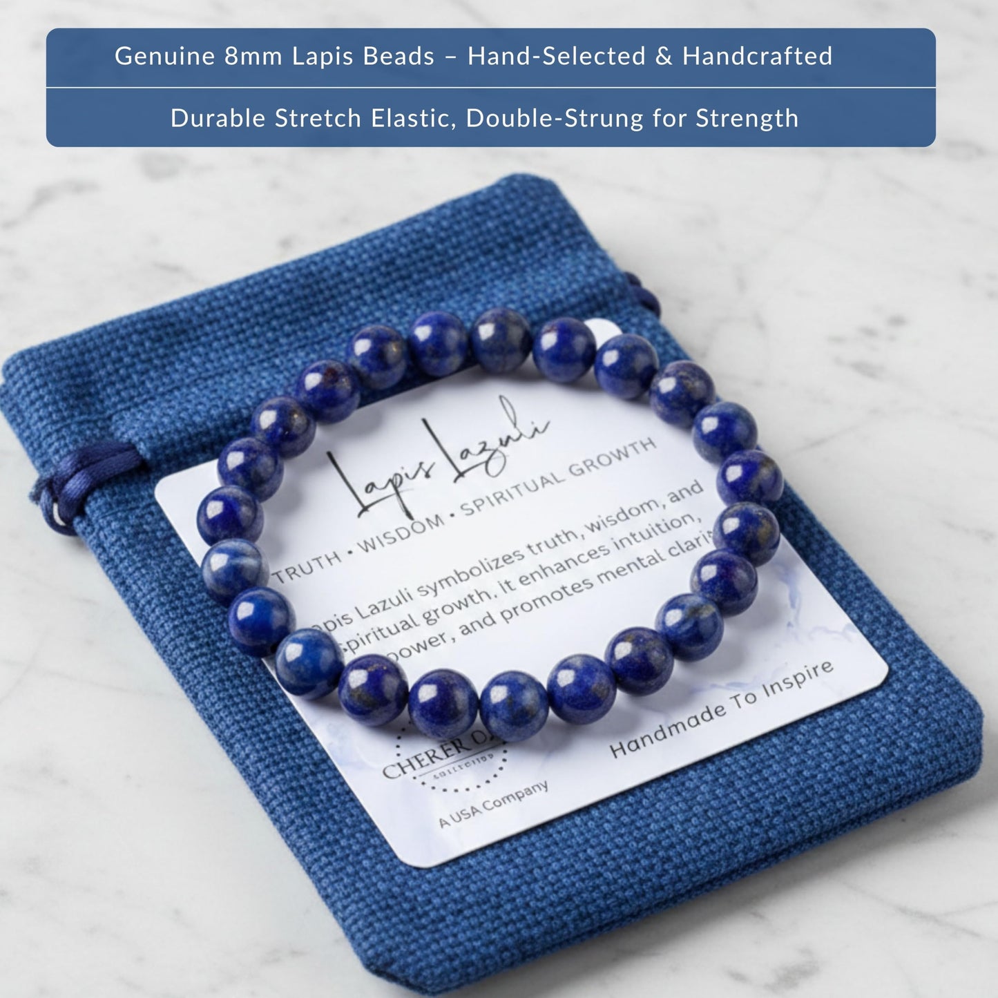 Cherry Tree Collection Lapis Bracelet – Genuine Blue Lapis Lazuli Beaded Bracelet, Handmade 8mm Stone Bracelet for Men & Women, Healing & Positive Energy, Sizes S/M/L, Gift Ready (Medium)