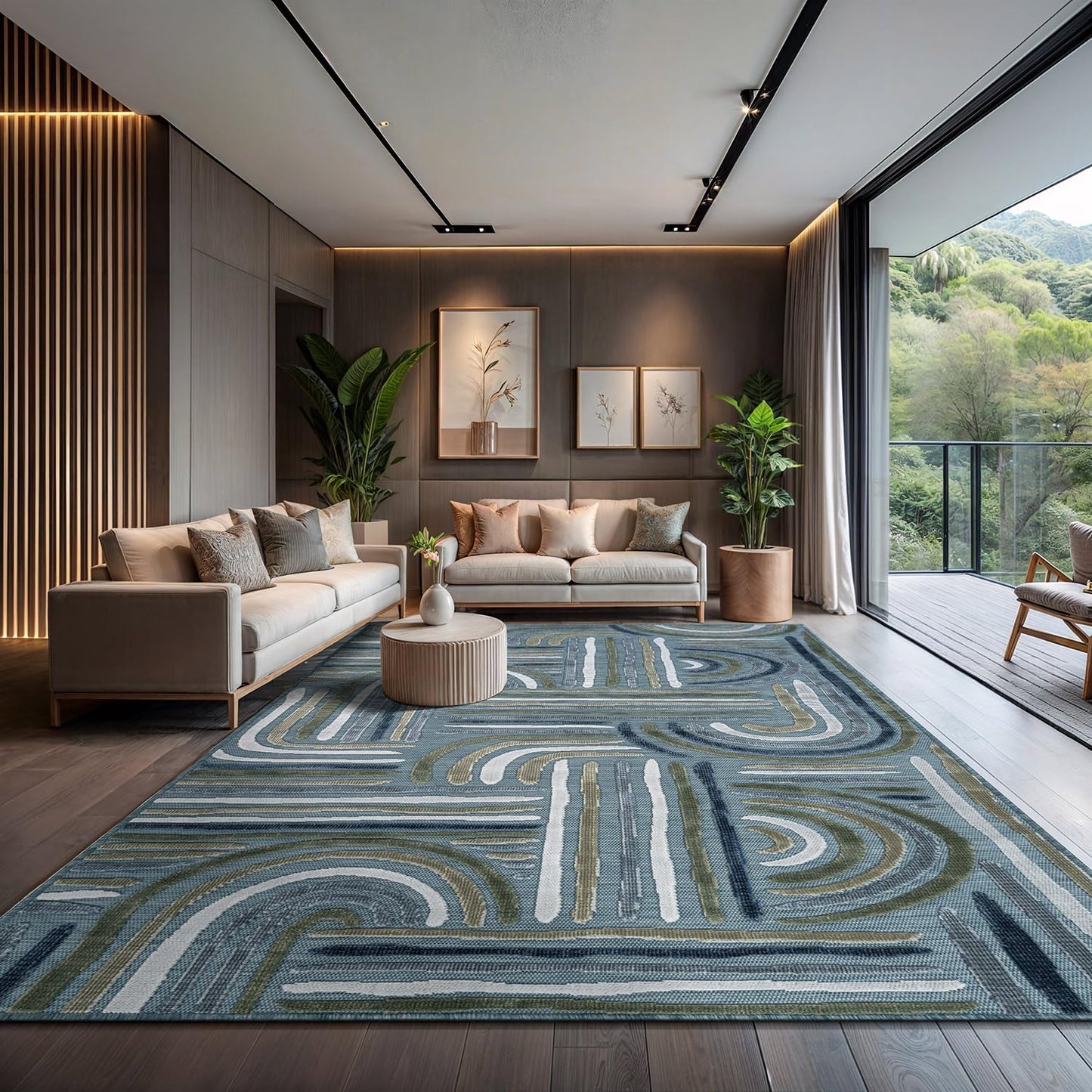CAMILSON Indoor Outdoor Rug, Aqua 8x10 Geometric Arch Striped Area Rugs for Patio and Home Areas, Easy-Cleaning Non-Shedding Living Room, Garden and Deck Washable Outside Carpet (8 x 10)