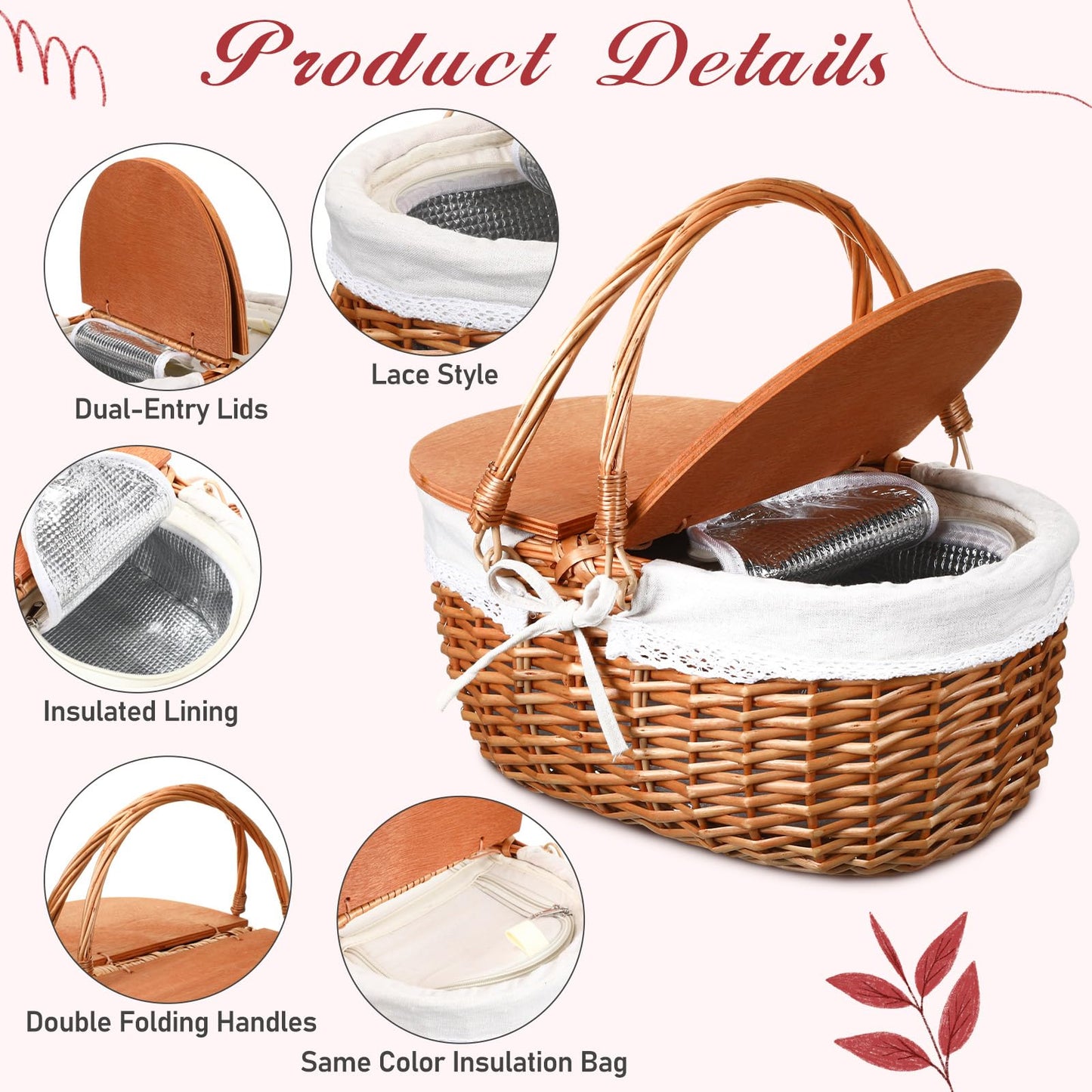 DoubleFill Wicker Insulated Picnic Basket with Lid Wicker Picnic Basket with Folding Handles and Insulated Cooler Bag for Camping Outdoor Easter Valentine Birthday Gift(White)