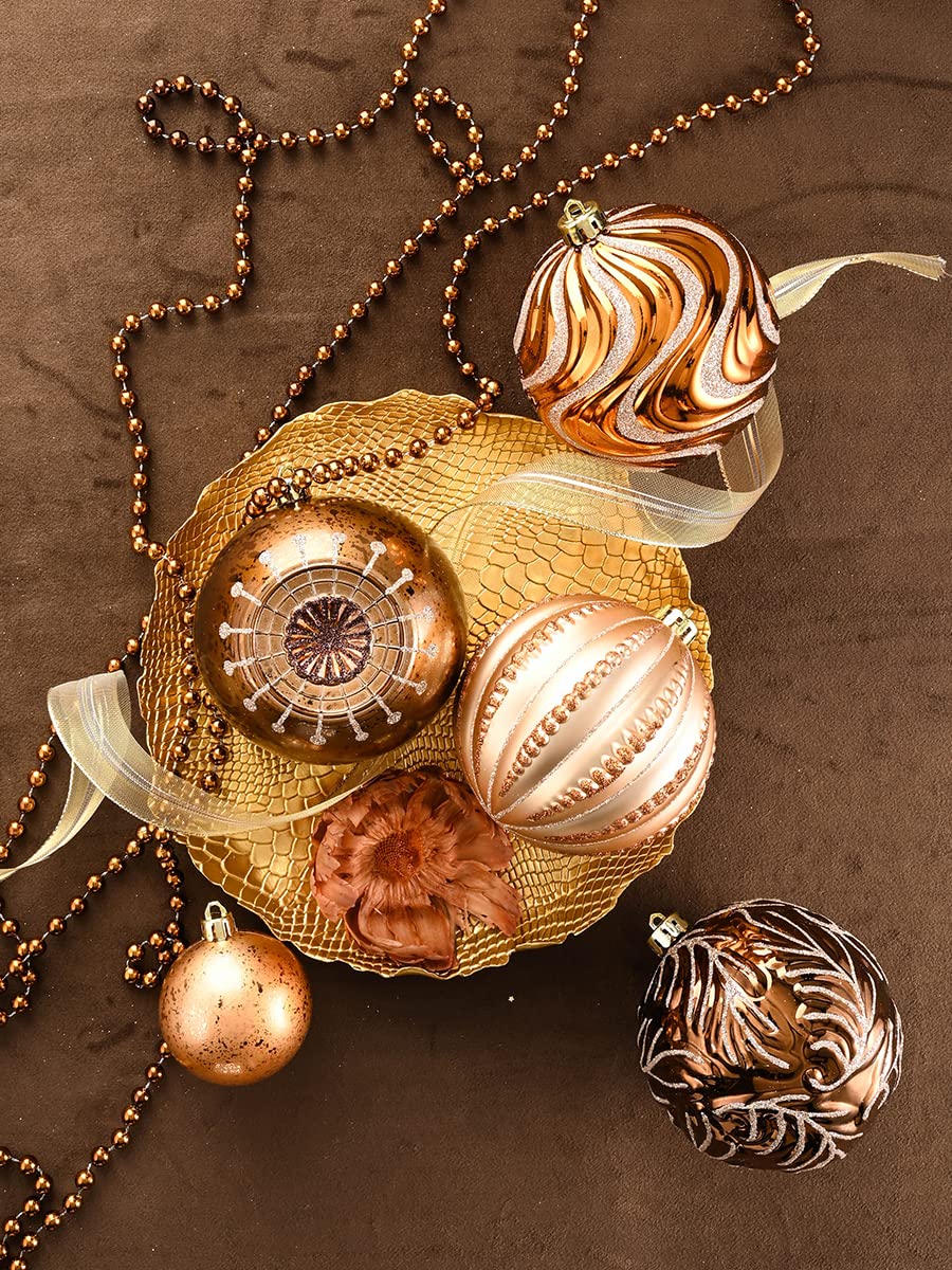Valery Madelyn Luxurious Copper Gold Christmas Ball Ornaments, Shatterproof Christmas Tree Ornaments for Xmas Decoration (2 Items Bundle