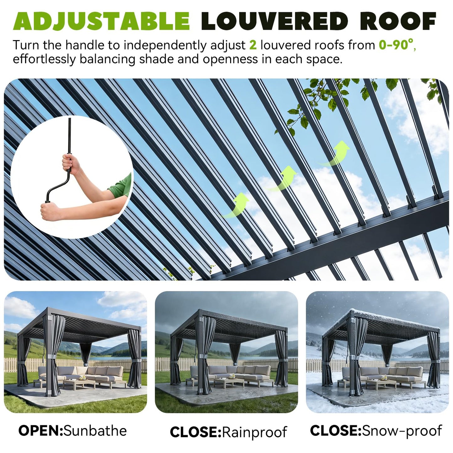 MELLCOM Louvered Pergola 12x12, Steel Aluminum Pergola with Adjustable Louvered Roofs, Outdoor Gazebo with Waterproof Curtains and Nets, Black