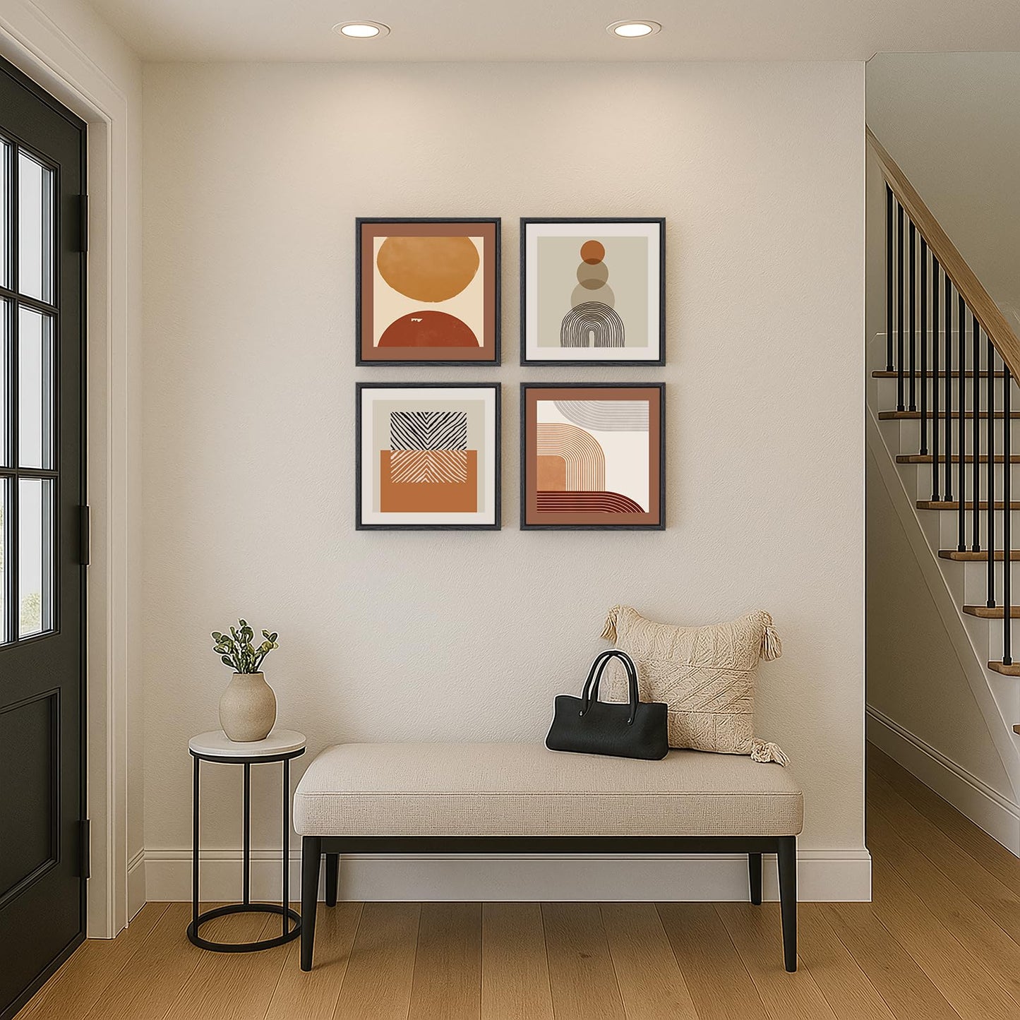 4 Piece Framed Abstract Boho Wall Art Set, Modern Mid Century Canvas Picture Wall Decor, Minimalist Geometric Orange and Brown Paintings Prints for Living Room Bedroom Hallway, 12x12 Inch