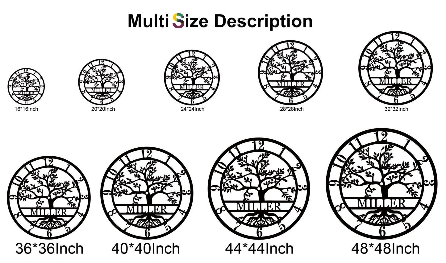 Custom Metal Tree of Life Wall Clock, Personalized Last Name Wall Decor, Silent Clock, Large Family Name Home Decor, Wall Hanging Olive Tree Sign, New Home Gift