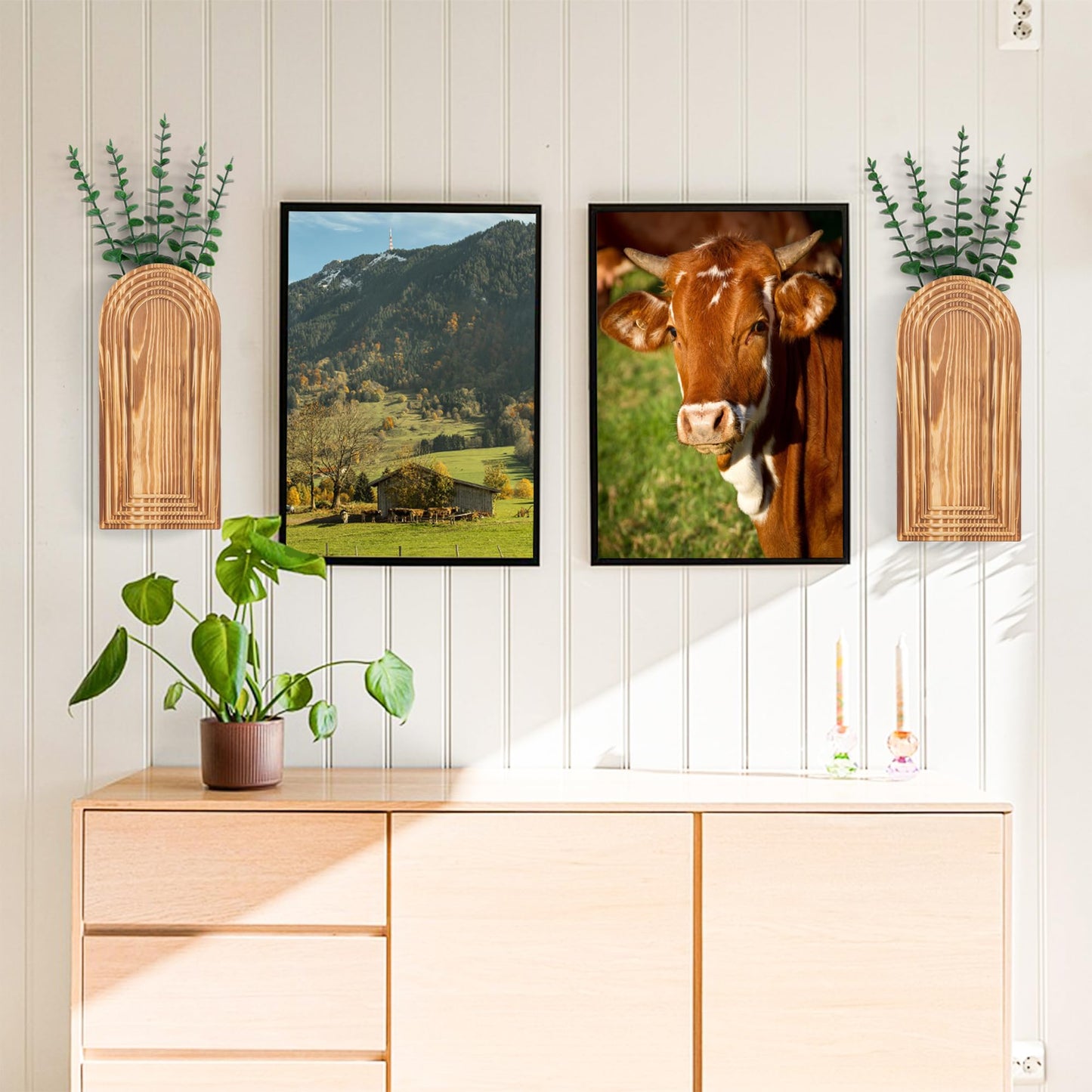 2 Pcs Wooden Wall Vase Set for Decor with 10pcs Artificial Eucalyptus Plants-Boho Hanging Planter Modern Farmhouse Wall Decor for Bathroom Living Room Dining Room Bedroom Kitchen
