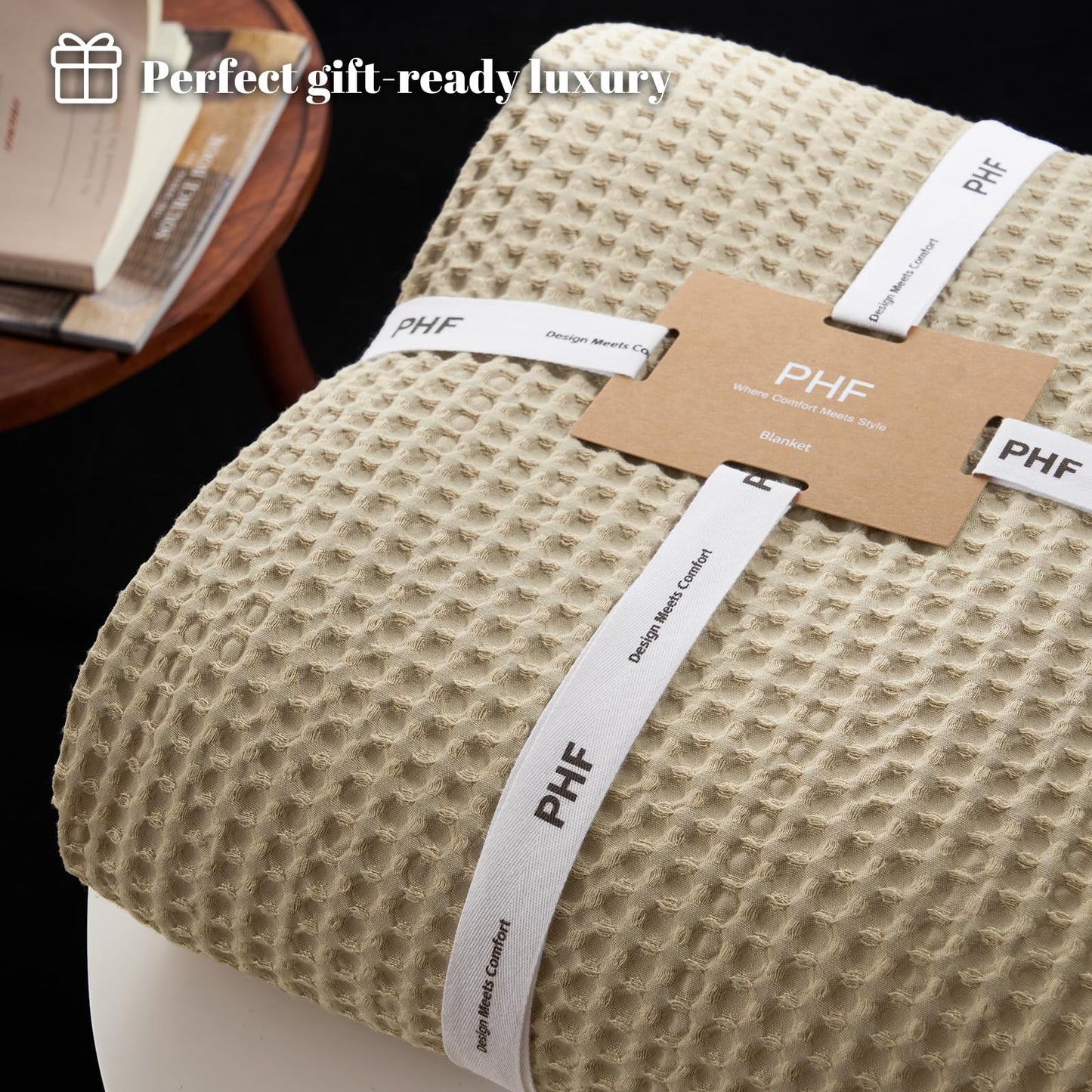 PHF Ultra Soft Waffle Weave Throw Blanket 50"x 60"- Washed Lightweight Breathable Cozy Woven Blanket for Bed - Aesthetic Decor for Couch Bedding Sofa Home Car - Khaki