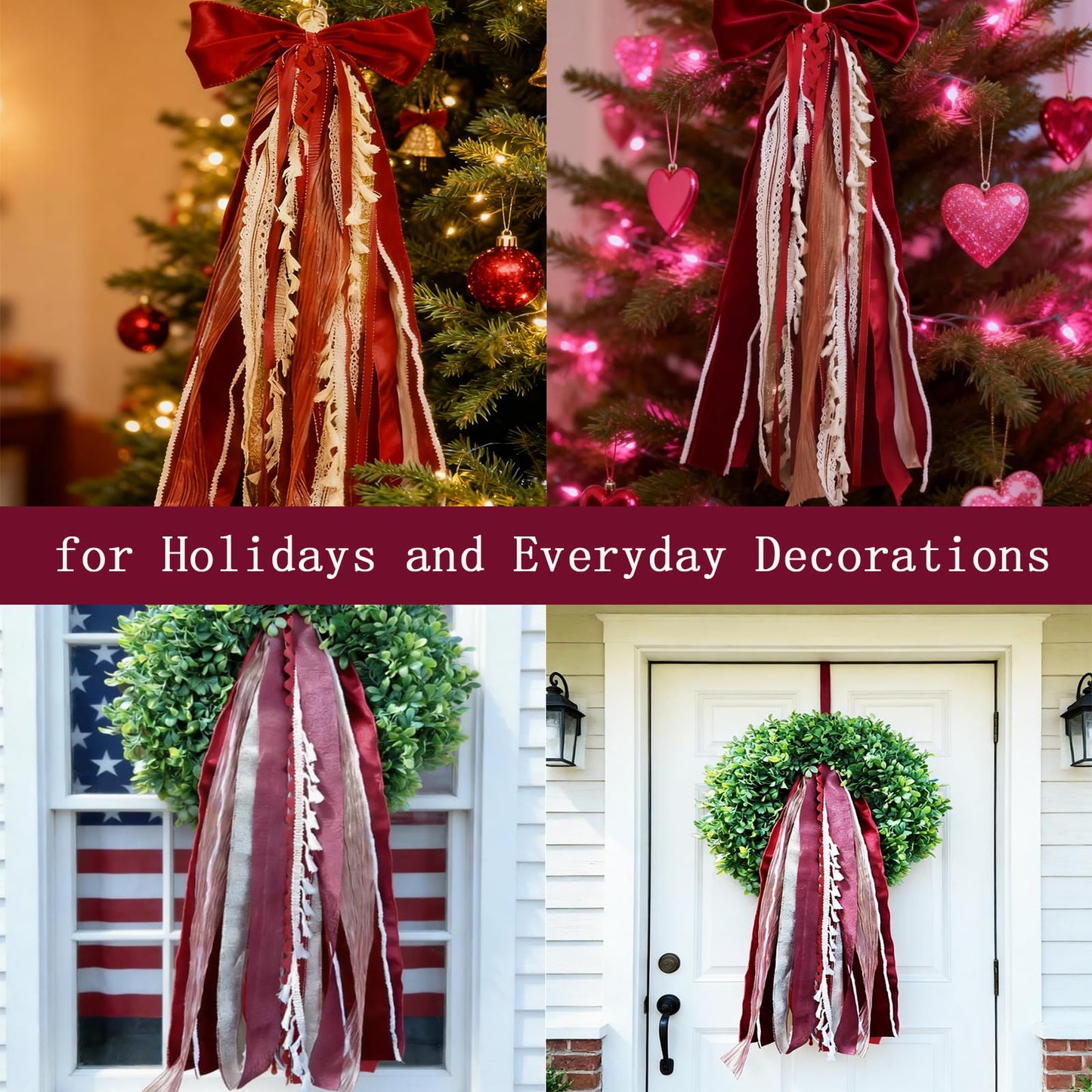 Red and Creamy White Ribbon Bundle with Bow, Clip-On Wreath Sash Ribbons Tree Topper Bow for Christmas Valentine's Day Patriotic Decorations - Indoor & Outdoor Use