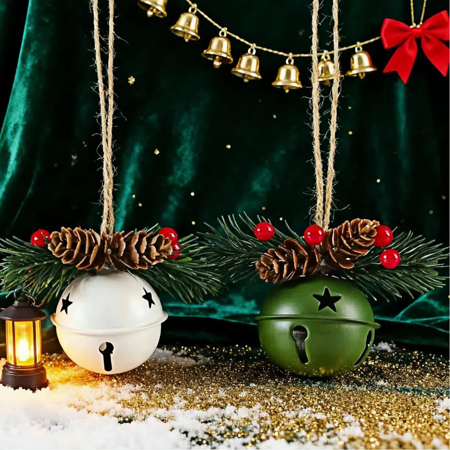 5 Pack Rustic Christmas Bell Ornaments with Pinecones & Berries - Metallic Hanging Decor for Christmas Tree,Mantel,Home (Green,Gold,Red,White)