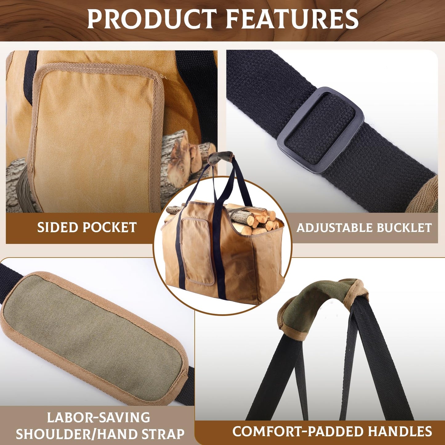 NFAMRZCAR Extra Large Firewood Carrier Ergonomic Wood Carrier for Firewood Heavy Duty Wax Canvas Firewood Bag,Firewood Carriers with Handles for Wood Stove Accessories Outdoor Camping