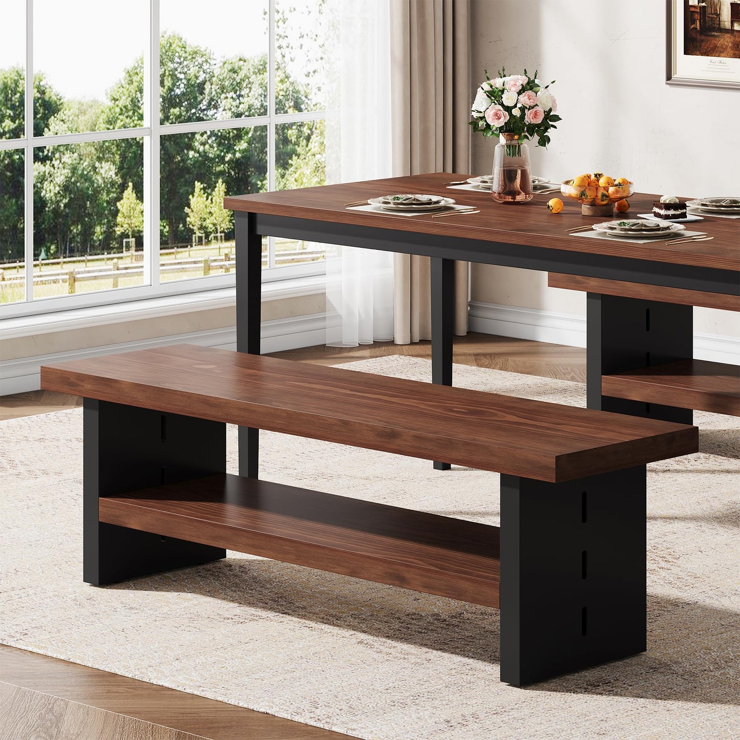Condemo 47" Solid Wood Entryway Bench with Shoe Storage, 2-Tier Modern Farmhouse Hallway Bench with Open Shelf for Bedroom, Dining Room, Mudroom, Easy Assembly, Dark Walnut & Black
