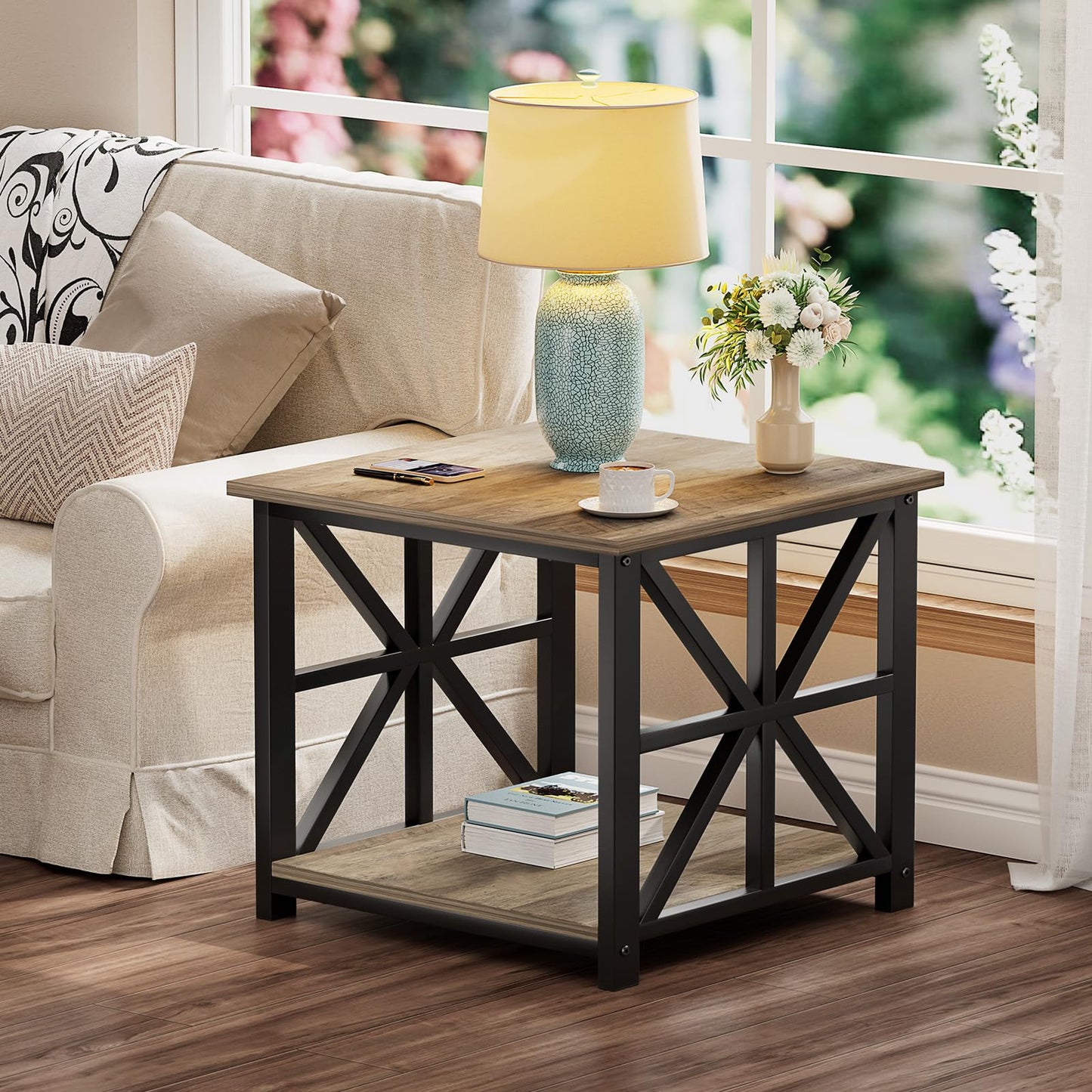 GreenForest End Table with 2-Tier Storage Shelf, 24 inch Large Side Table for Living Room,Modern Nightstand for Bedroom Bedside Office Farmhouse, Grey Wash