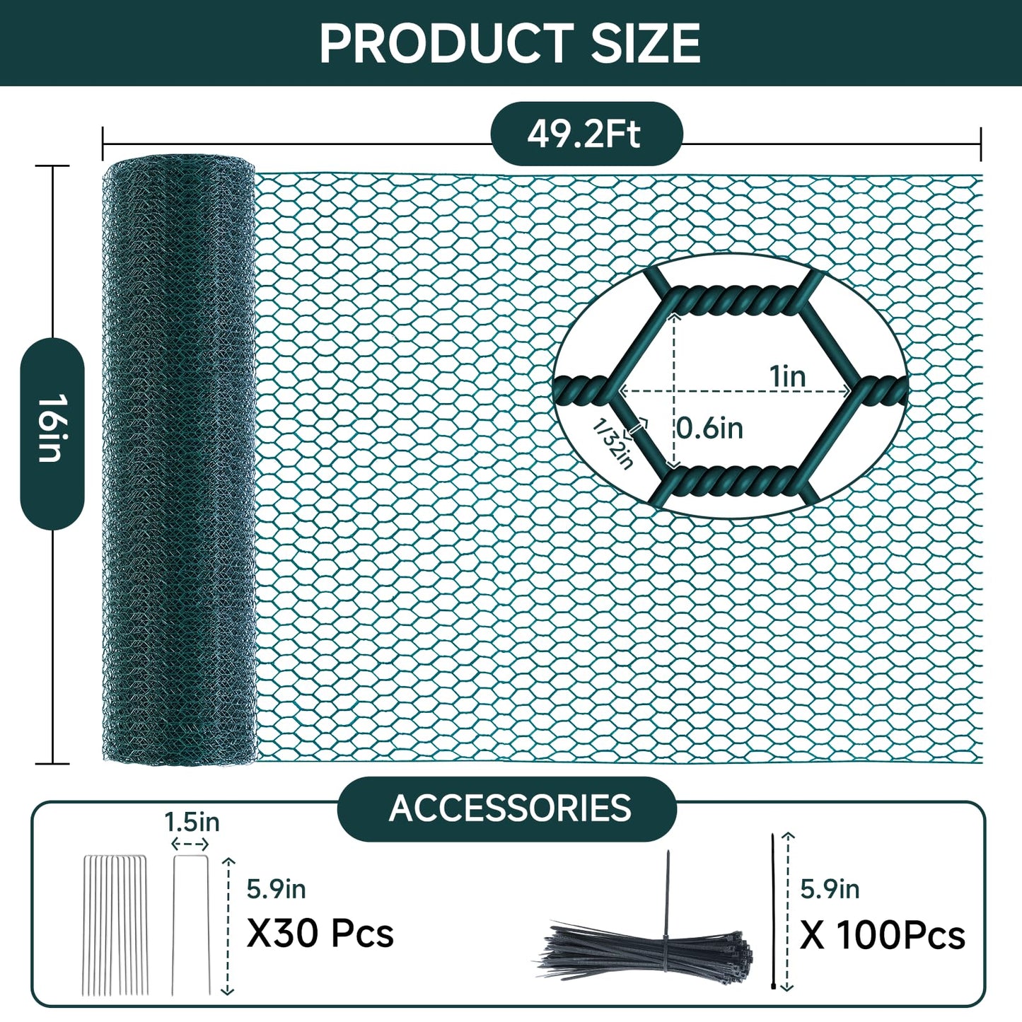 16In x 49.2Ft Plant Protectors from Animals, Wire Plant Cages for Outdoor Plants Chicken Wire Garden Protection from Animals Plant Fence Protectors to Keep Animals Out with Ground Stakes & Nylon Ties