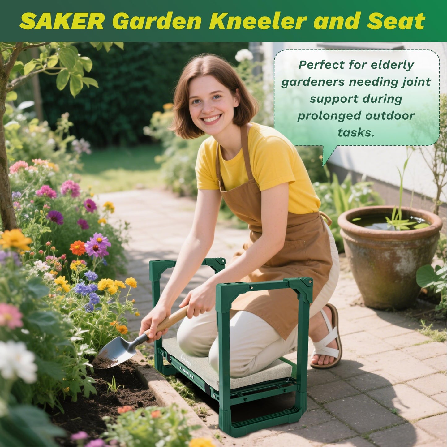 Saker Garden Kneeler and Seat Foldable Gardening Stool with Extendable Legs & Thickened Pad, Tool, Heavy Duty 500lbs Support for Elderly, Gardening, Outdoor Use