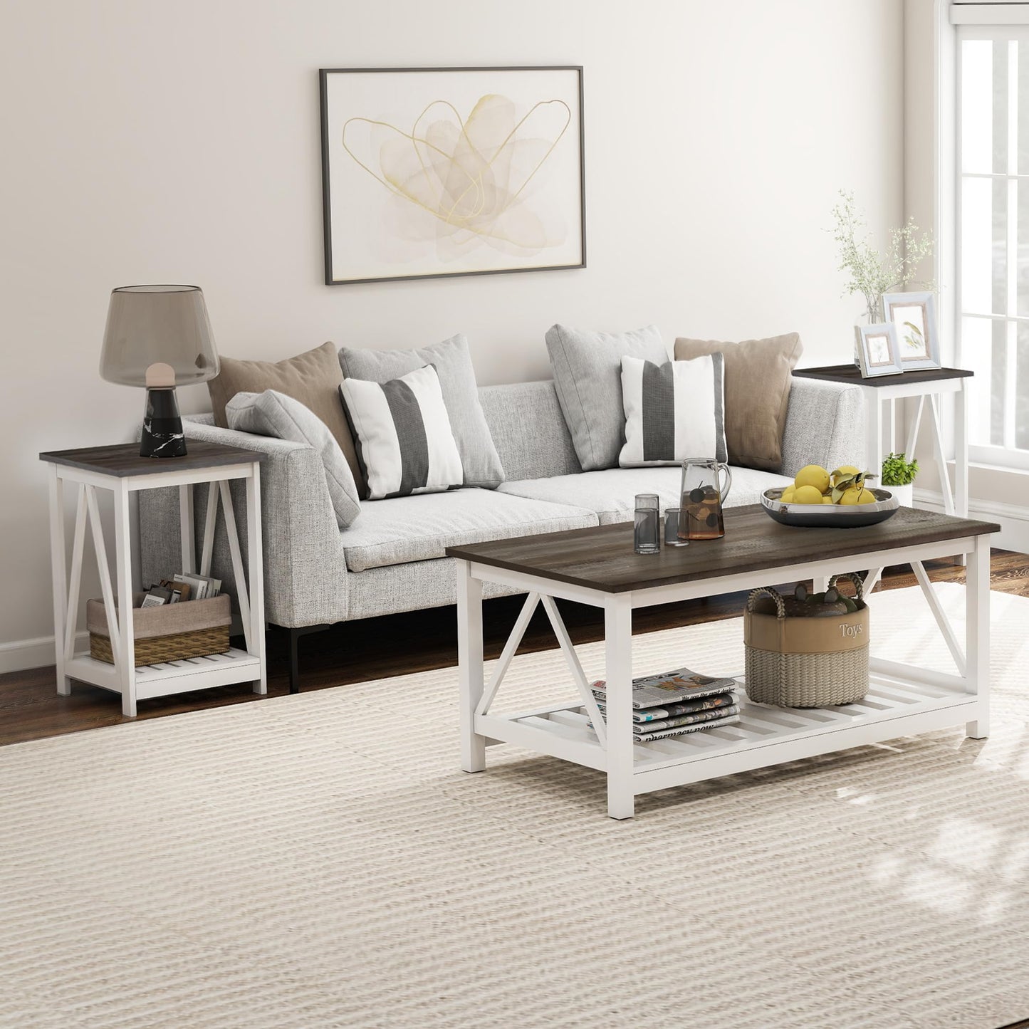 UYIHOME Farmhouse Square End Table, Accent Side Table with Slats Design, Sofa Side Table with Sturdy Frame for Living Room, Dark Grey