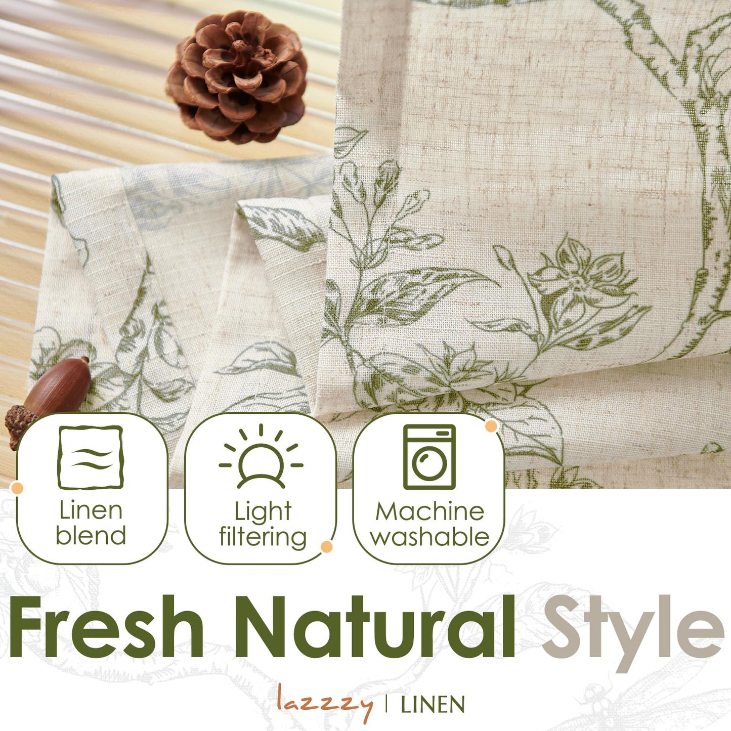 Lazzzy Green Floral Valance Curtain Linen Farmhouse Valance for Kitchen Living Room Bedroom Country Valances Window Treatments Small Window Cafe Curtain 16 Inch Rod Pocket 1 Panel Green on Beige