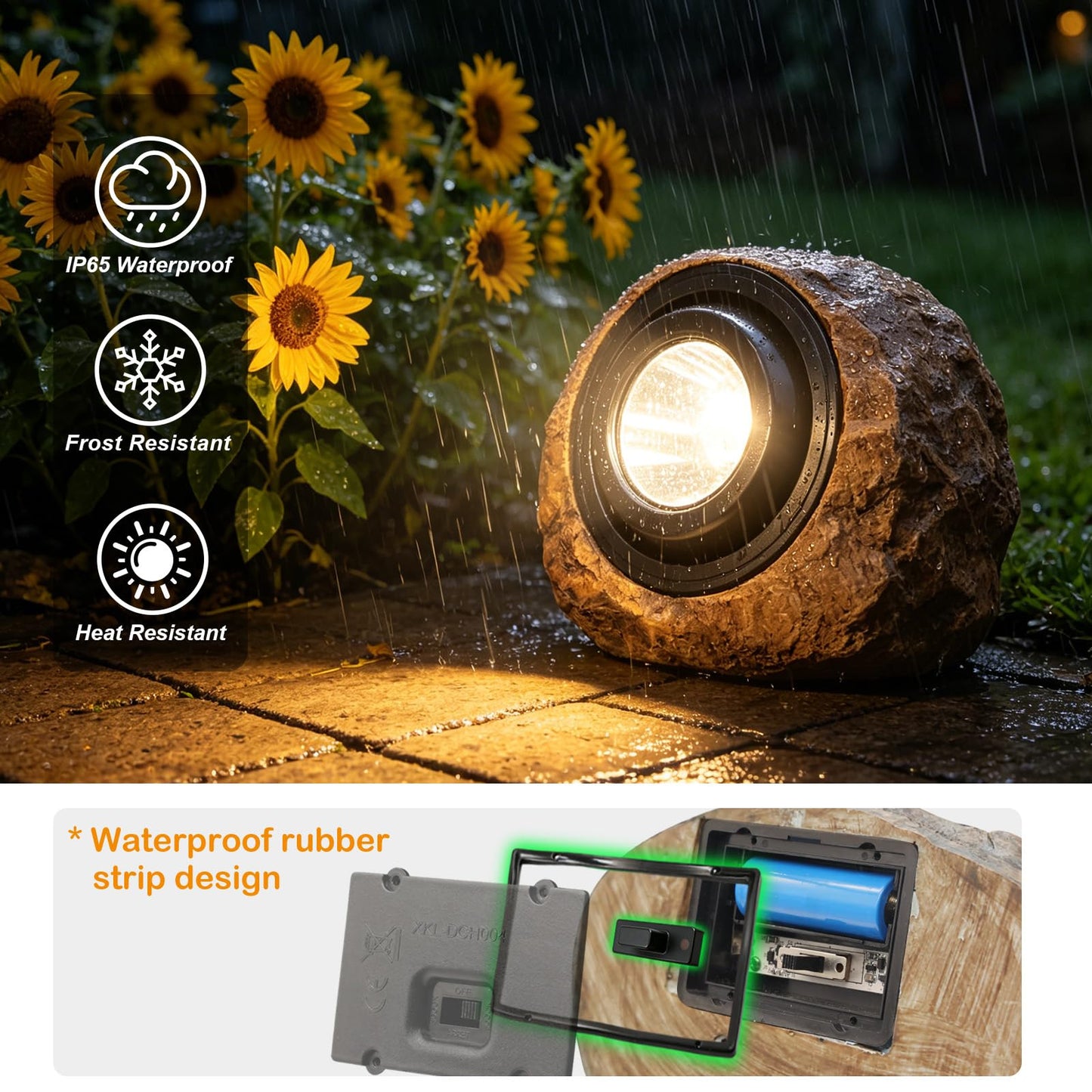 VOOKRY Brown Solar Rock Lights Outdoor 2-Pack, IP65 Waterproof LED Garden Stone Lights, Switchable Warm & Cool White, Auto On/Off Landscape Lighting for Pathway, Yard, Patio, Walkway