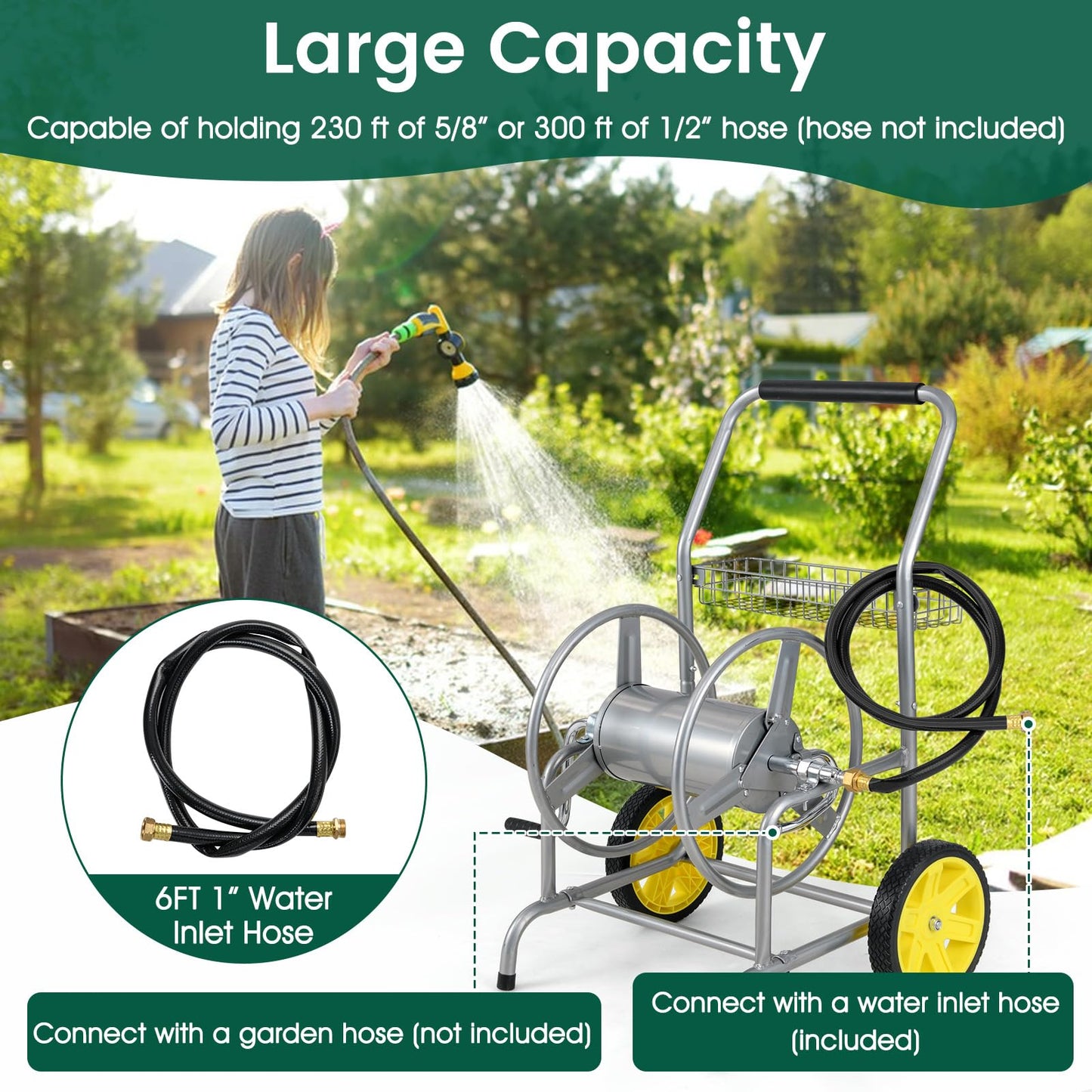 Goplus Garden Hose Reel Cart, 230 FT of 5/8" Large Capacity, Heavy-Duty Metal Hose Cart w/ 2 Wheels, Storage Basket, Portable Water Hose Organizer for Outside Yard, Outdoor Planting Tool