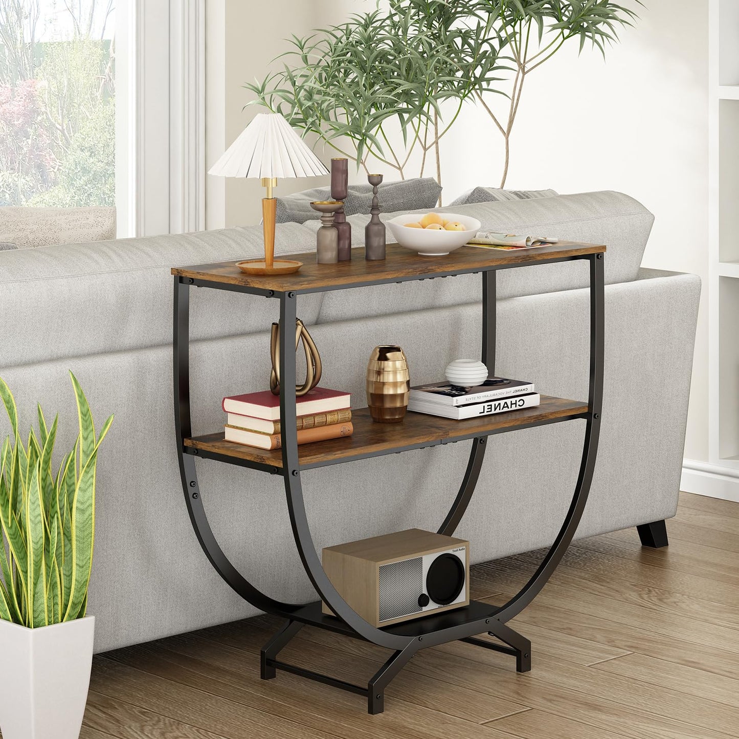 GILLAS 3 Tier Console Tables, 30" Height Entryway Table, Sofa Table Behind Couch, Industrial Entryway Furniture TV Stand with Storage for Living Room, Easy No-Extra-Tools Assembly, Rustic Brown
