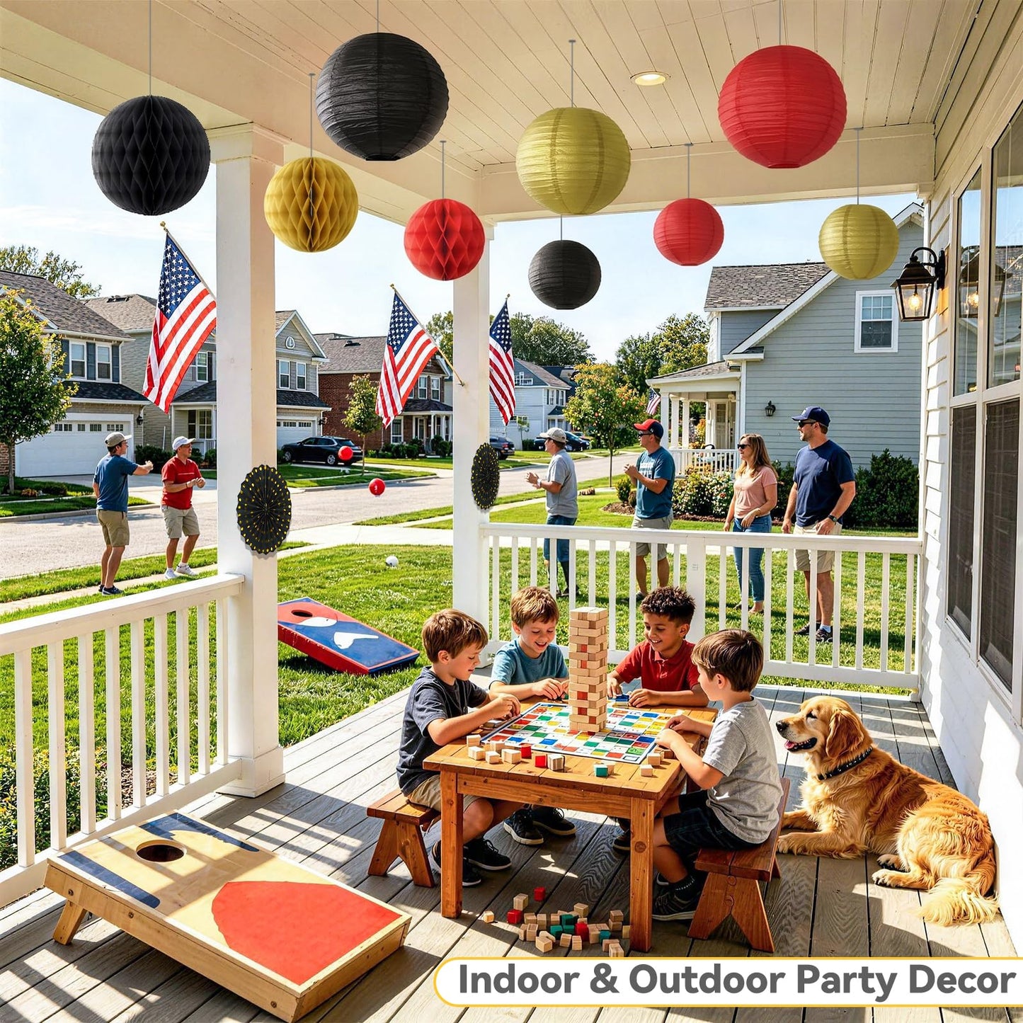 14 Pack Red Black and Gold Party Decorations Kit, Hanging Paper Lanterns & Fans for Casino Night, Red Carpet, Hollywood Theme Party, Game Night, Hibachi Party and Graduation