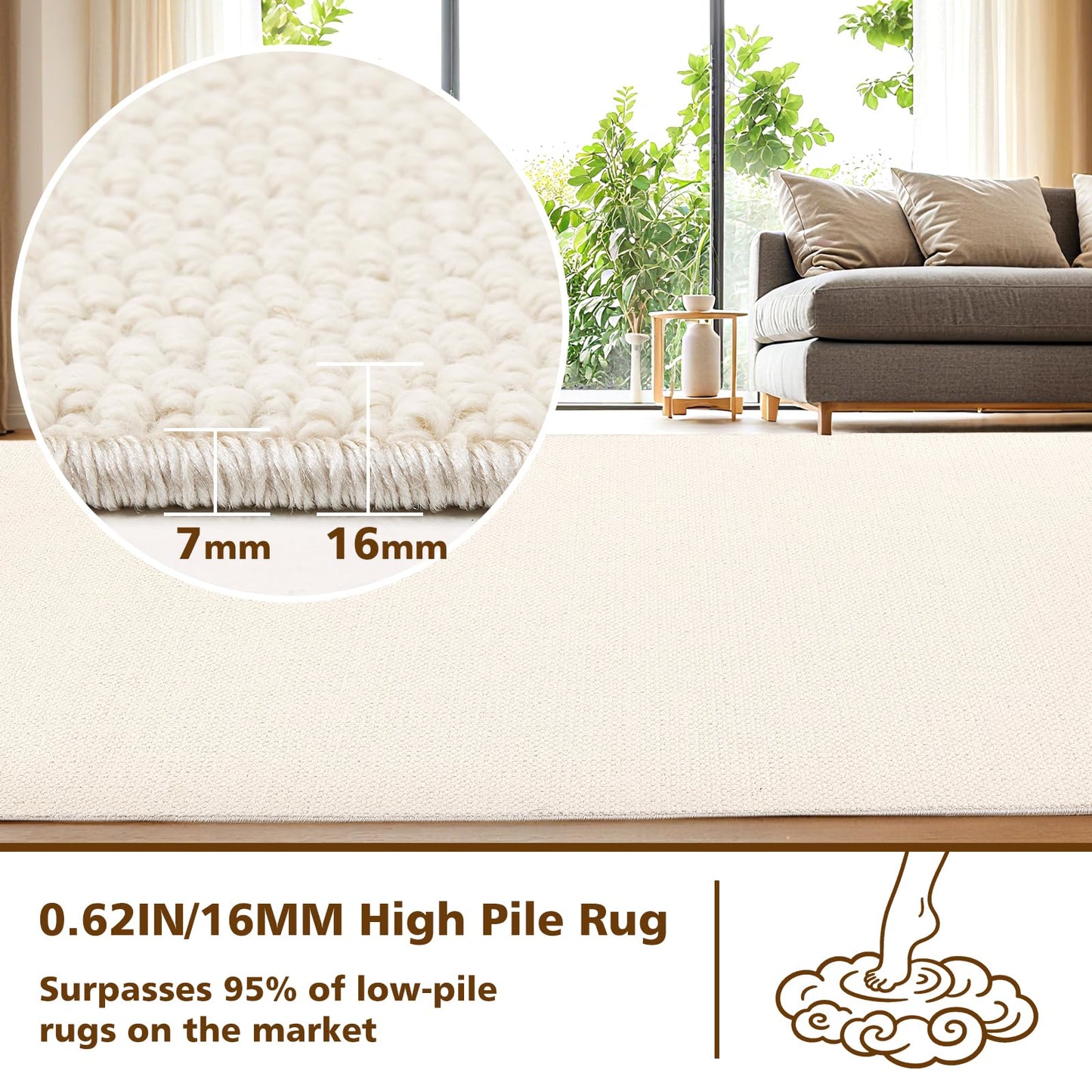 ANSSO 5x7 Wool Rugs for Living Room,80% Merino Wool and 20% Cotton Soft Tufted Area Rug with Cotton Non-Slip Backing,Large Area Rug for Bedroom Bedroom, Dining and Home Office (Cream White)