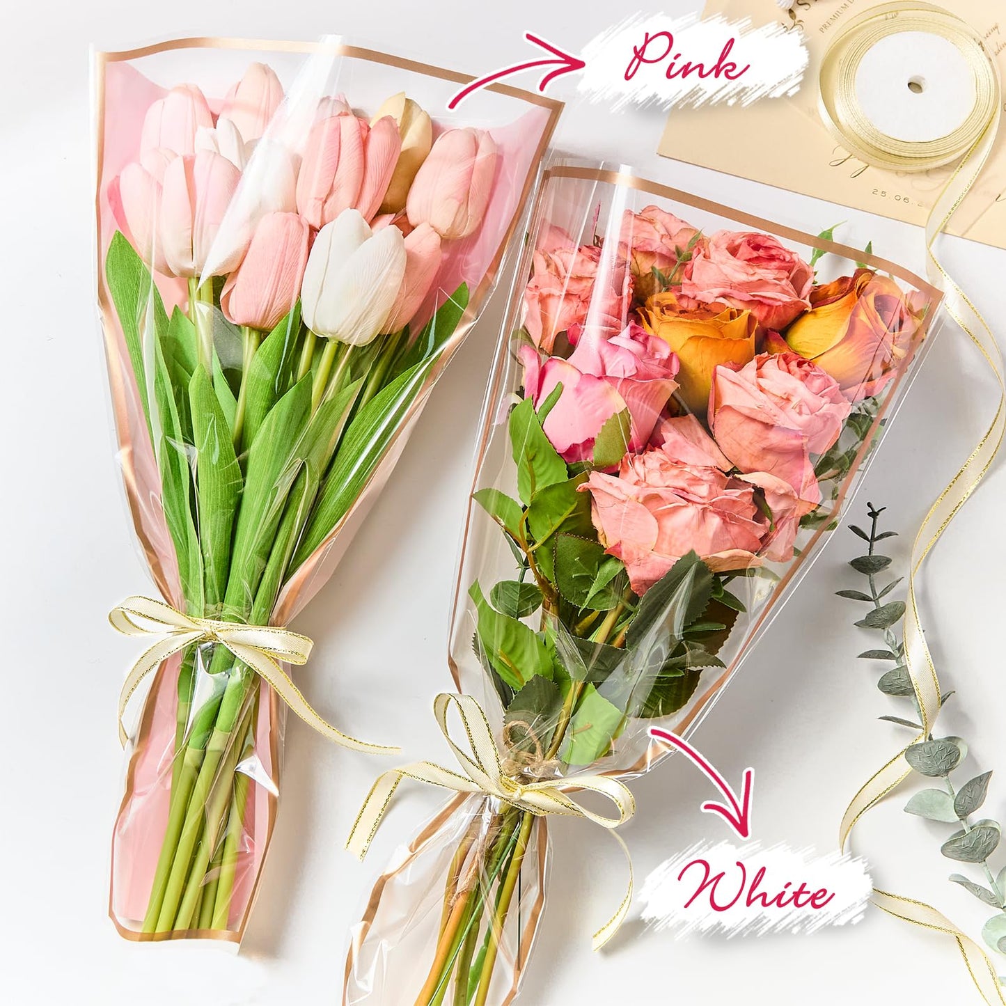 Mauproy 50 Pack Pink Flower Bags for Bouquets, 17.8 x 11.2 Inches Plastic Flower Sleeves Clear Front Floral Wraps with Ribbons for Mother's Day Florist Packaging Supplies