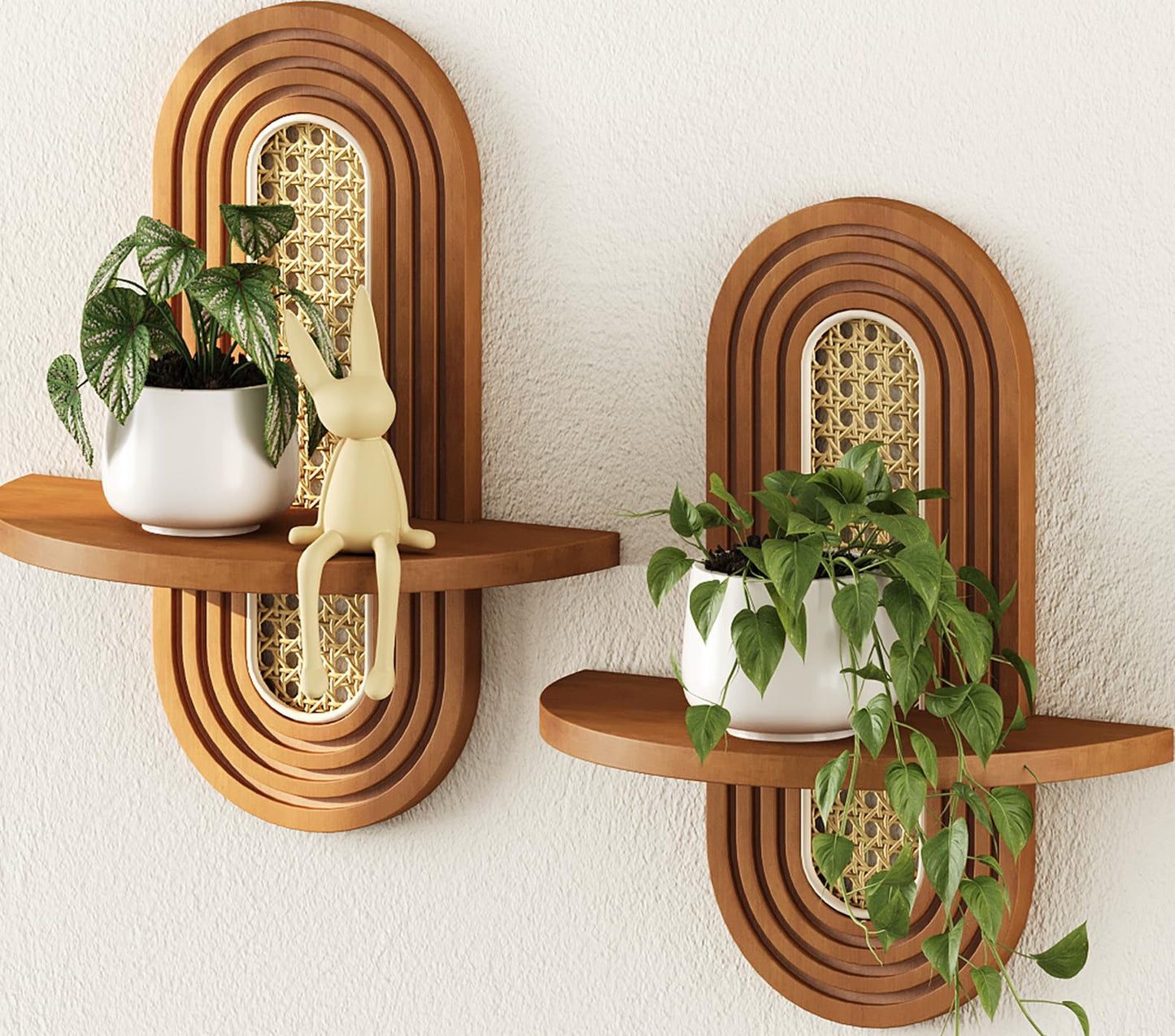 Hongsane Floating Shelves for Wall, Boho Home Wall Decor,Rattan Plant Shelf Set of 2, Mid Century Small Decorative Shelf, Natural Wood Shelves for Living Room,Bedroom,House,Office (Walnut)