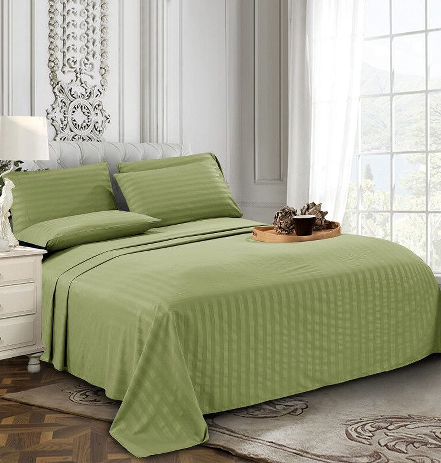 Elegant Comfort Best, Softest, Coziest 6-Piece Sheet Sets! - 1500 Premier Hotel Quality Luxurious Wrinkle Resistant 6-Piece Damask Stripe Bed Sheet Set, Queen Sage/Green